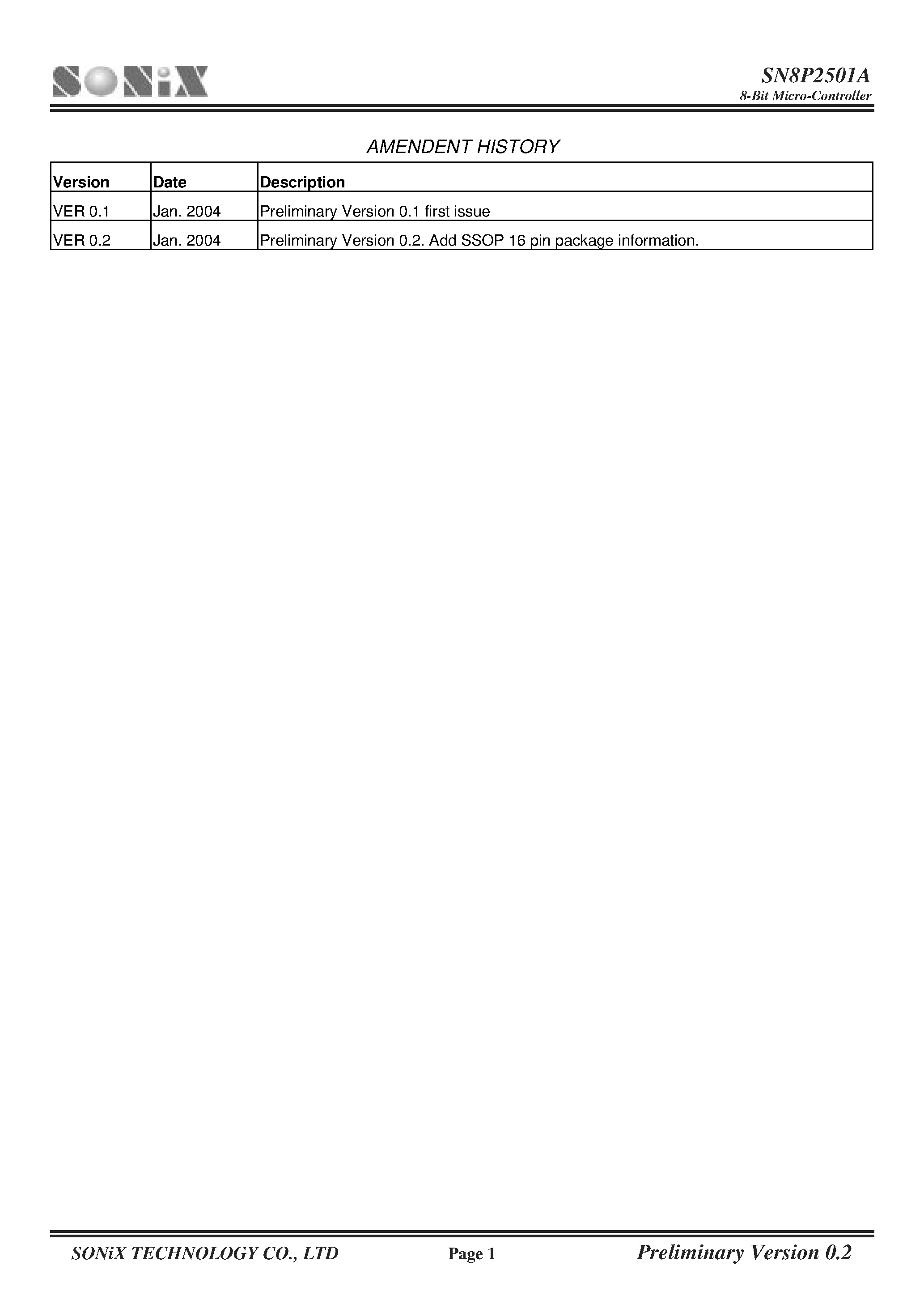 Datasheet SN8P2501A - SONiX 8-Bit Micro-Controller page 2