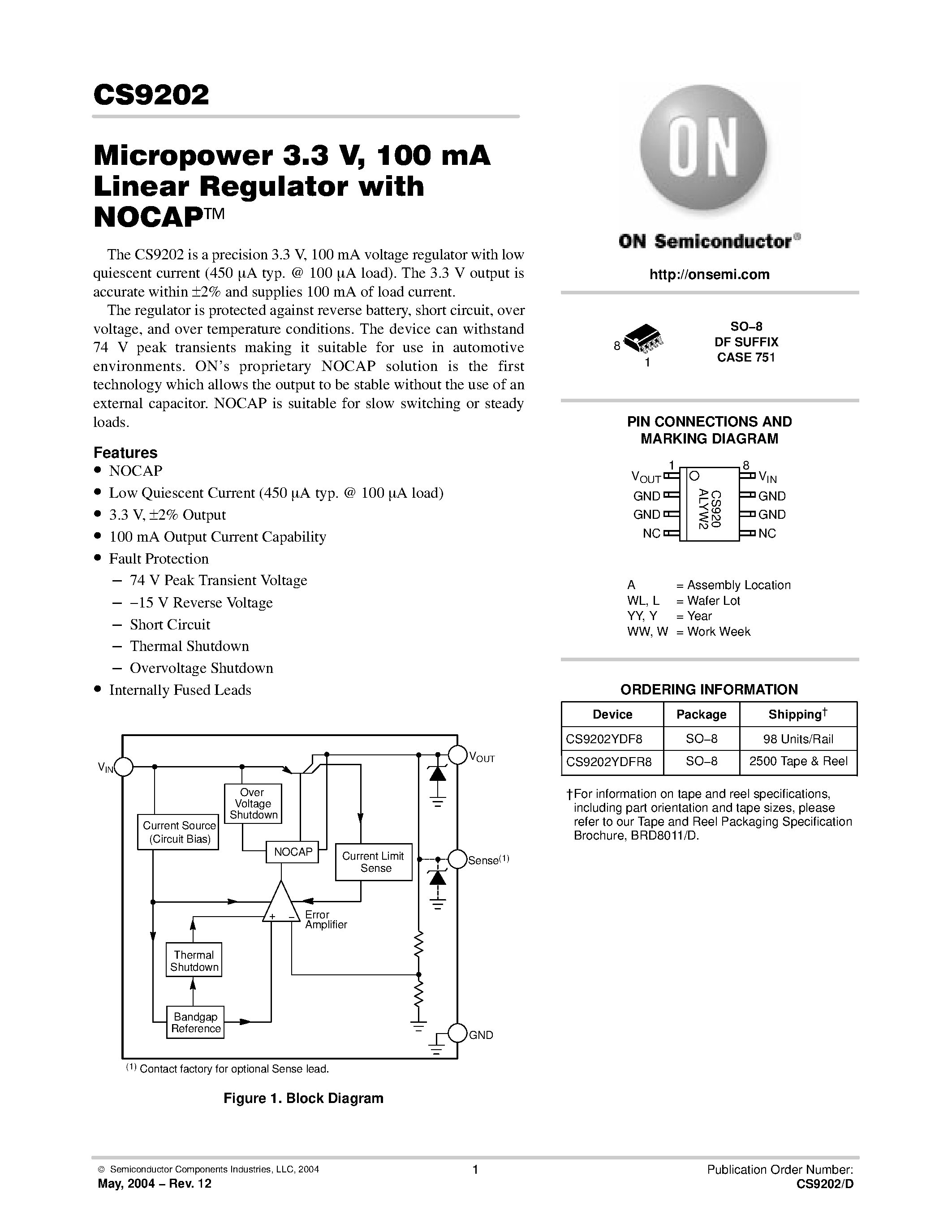 Datasheet CS9202 page 1 Datasheet CS9202 - Micropower 3.3 V / 100 mA Linear Regulator with NOCAP page 1