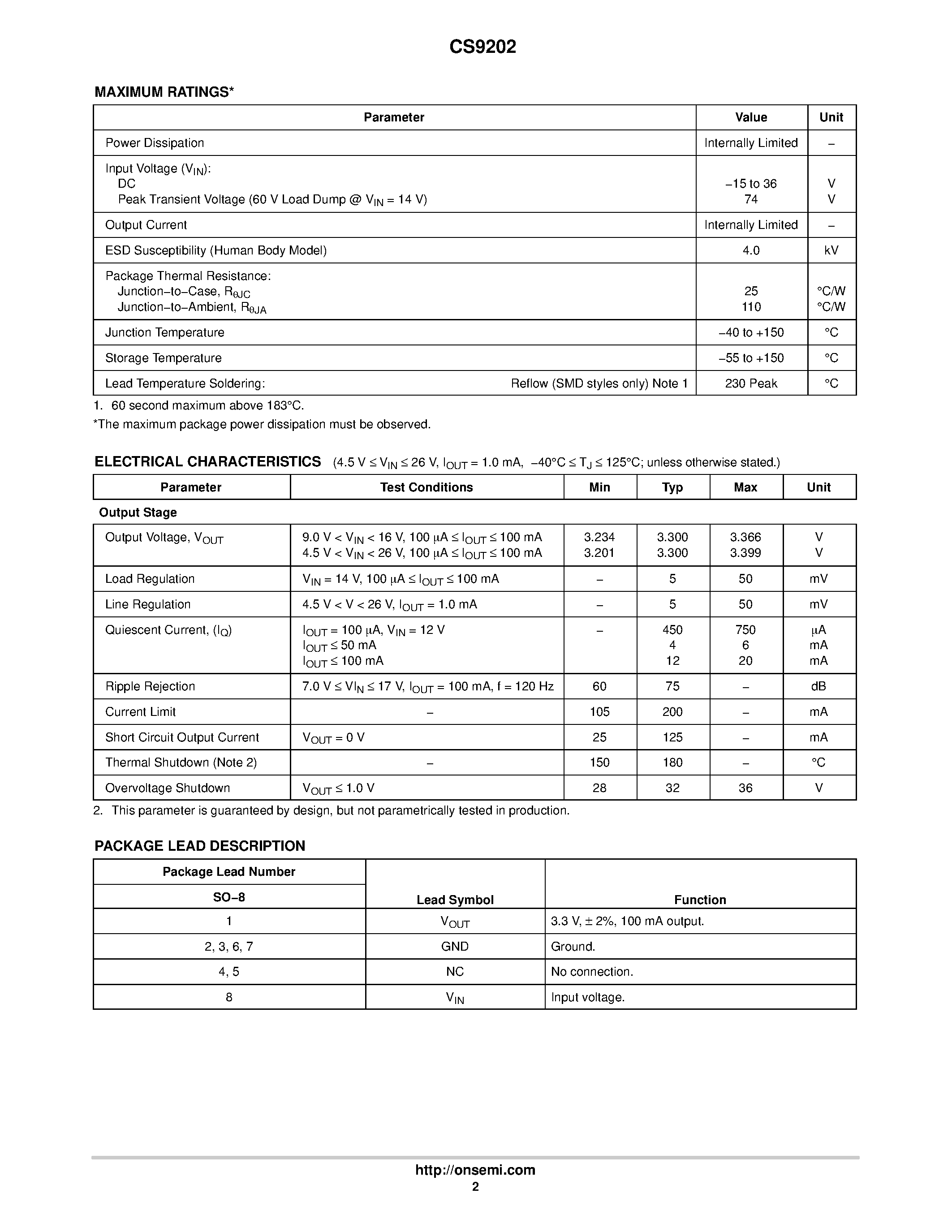 Datasheet CS9202 page 2 Datasheet CS9202 - Micropower 3.3 V / 100 mA Linear Regulator with NOCAP page 2