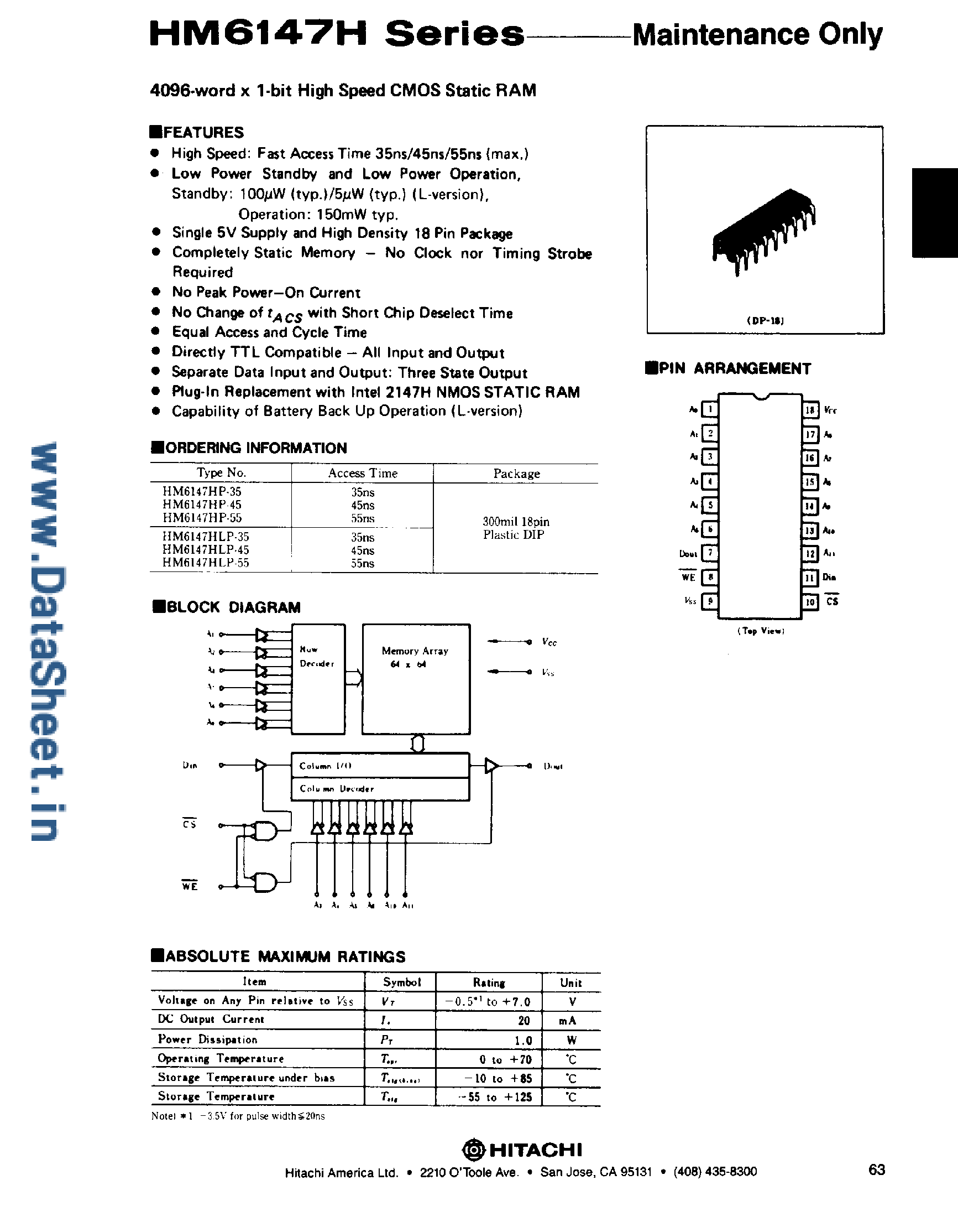Даташит на микросхему HM6147H страница 1 Даташит HM6147H - 4096 x 1-Bit High Speed CMOS SRAM страница 1