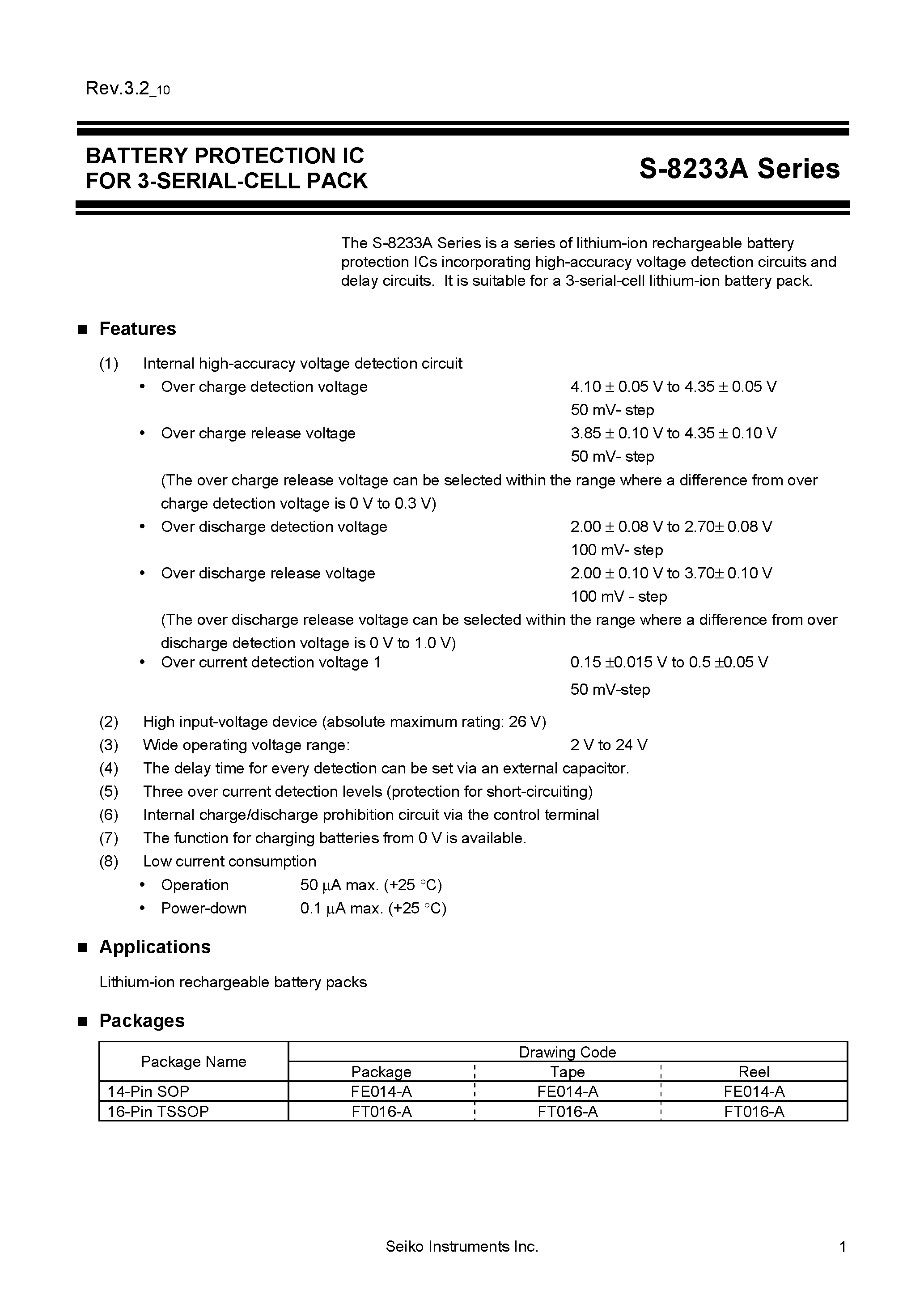 Datasheet S8233A page 1 Datasheet S8233A - Battery Protection IC for 3-Serial Cell Pack page 1
