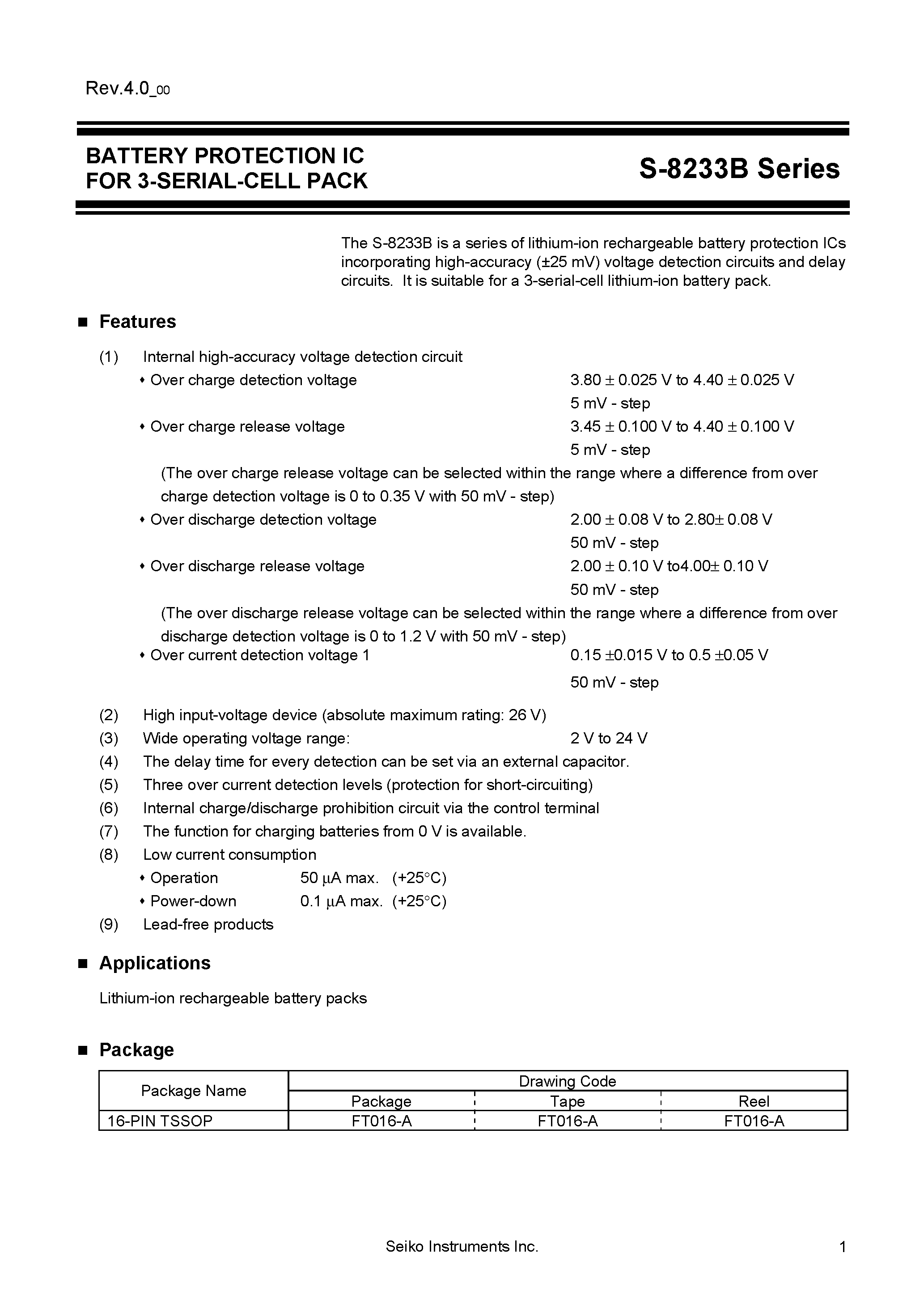Datasheet S-8233B - Battery Protection IC for 3-Serial Cell Pack page 1