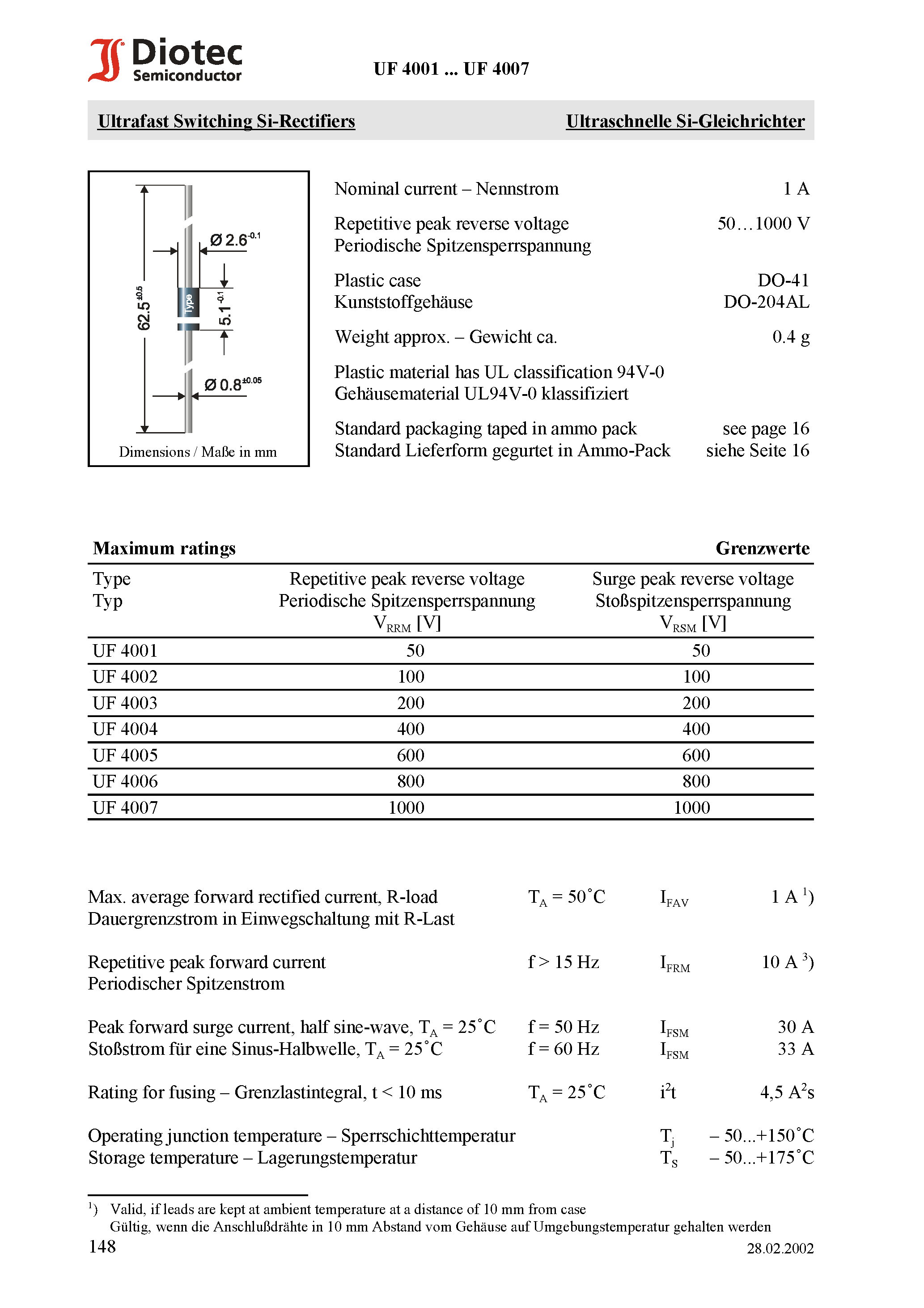 Datasheet UF4001 - (UF4001 - UF4007) Ultrafast Switching Si-Rectifiers page 1