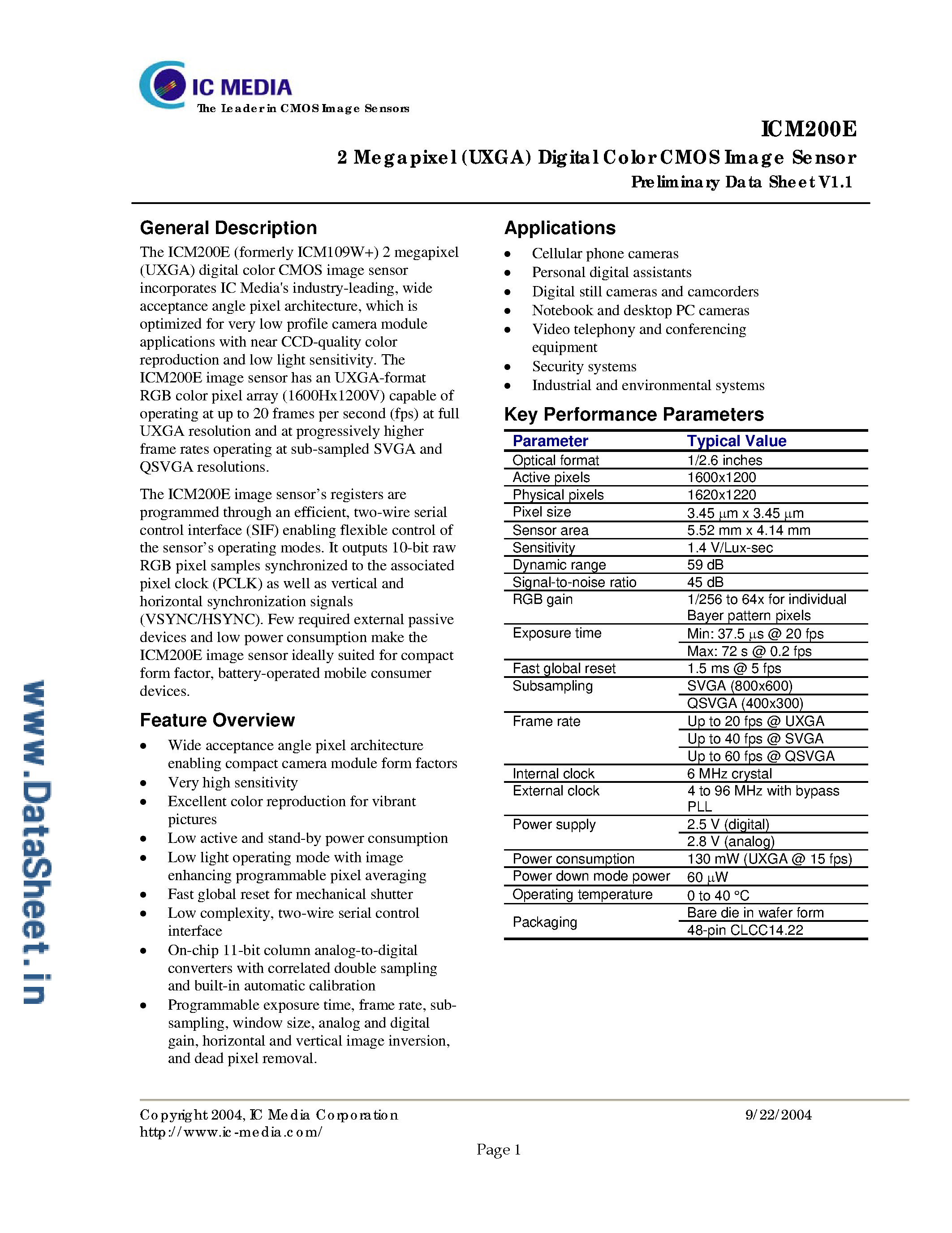 Datasheet ICM200E page 1 Datasheet ICM200E - 2-Megapixel Digital Color CMOS Image Sensor page 1