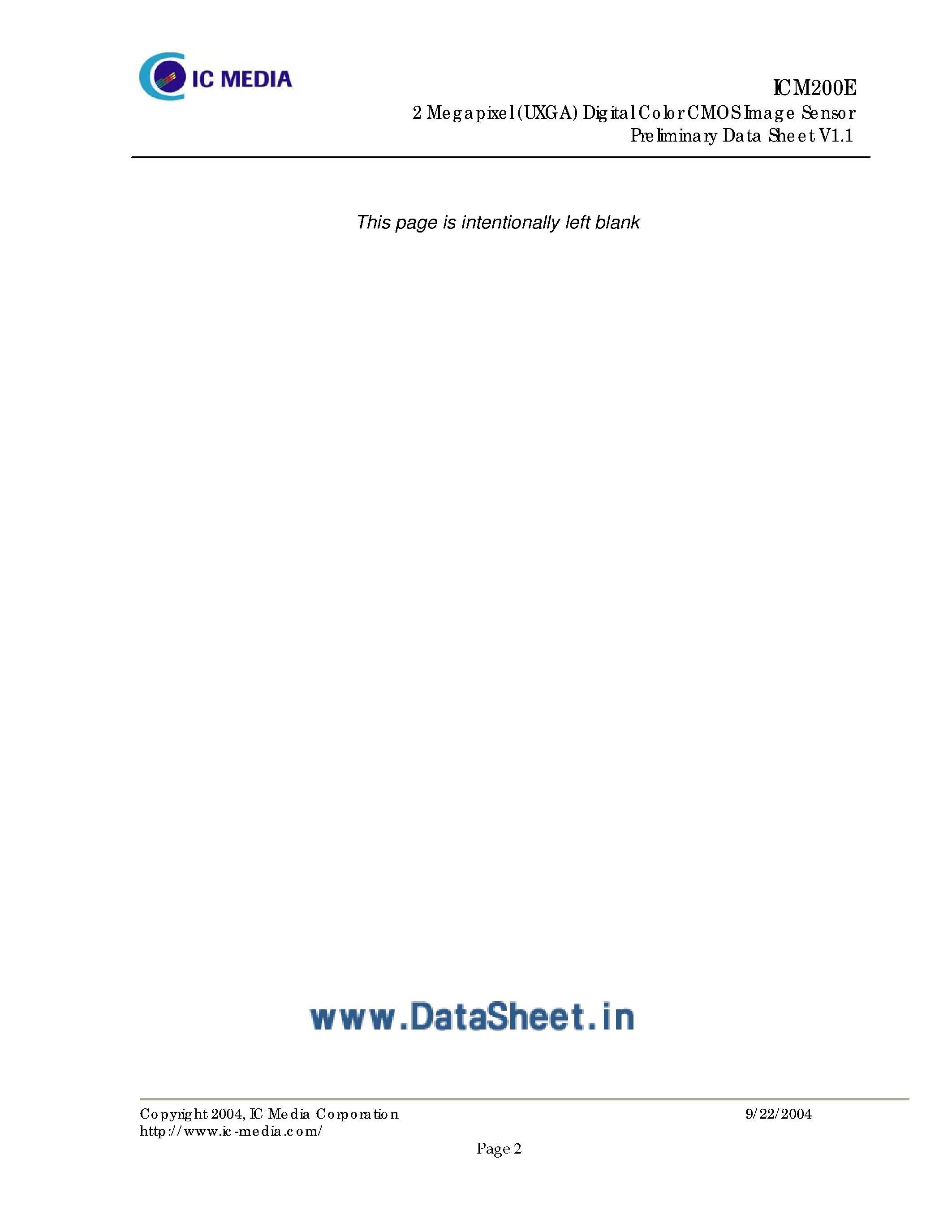Datasheet ICM200E page 2 Datasheet ICM200E - 2-Megapixel Digital Color CMOS Image Sensor page 2