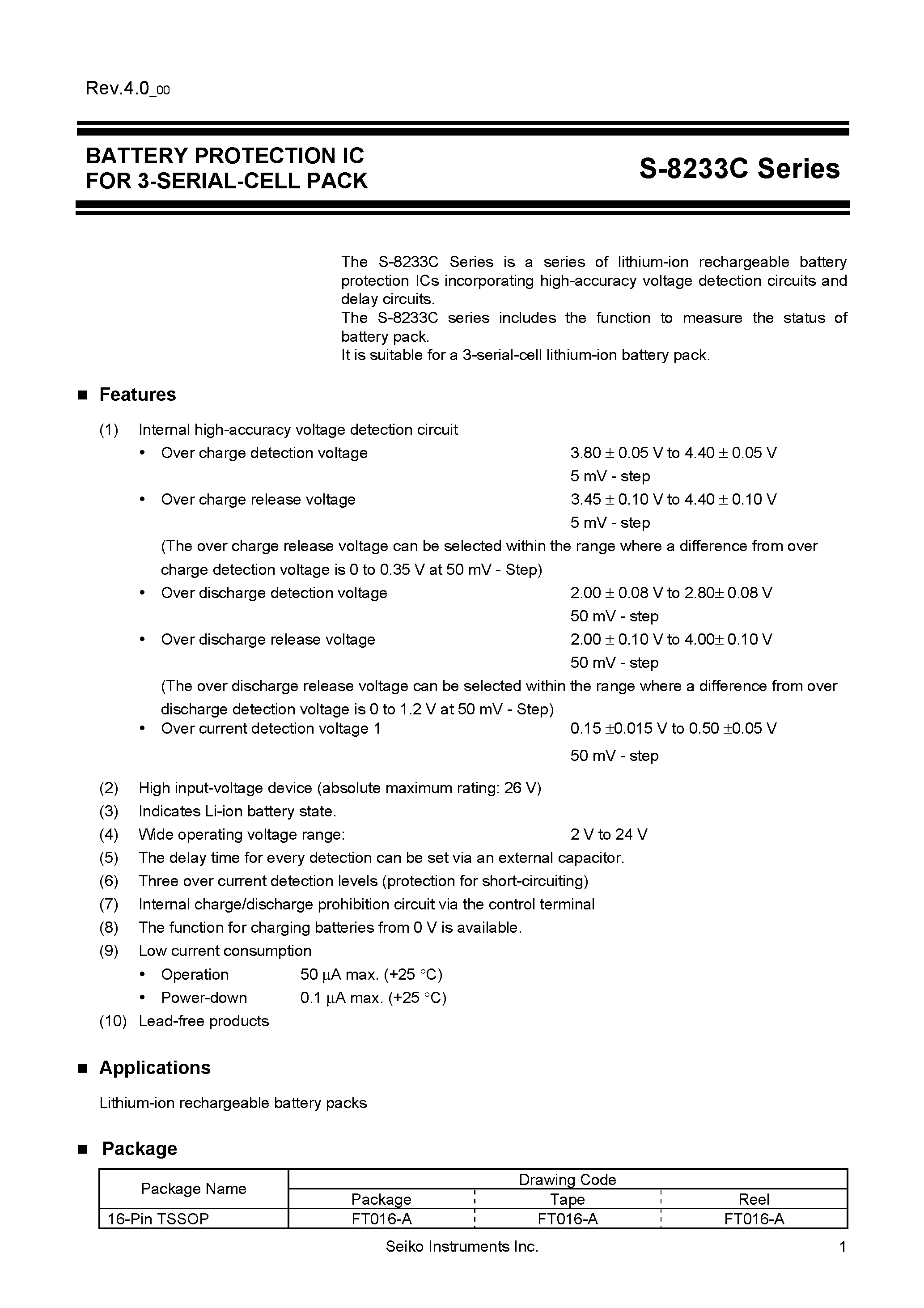 Datasheet S-8233C page 1 Datasheet S-8233C - Battery Protection IC for 3-Serial Cell Pack page 1