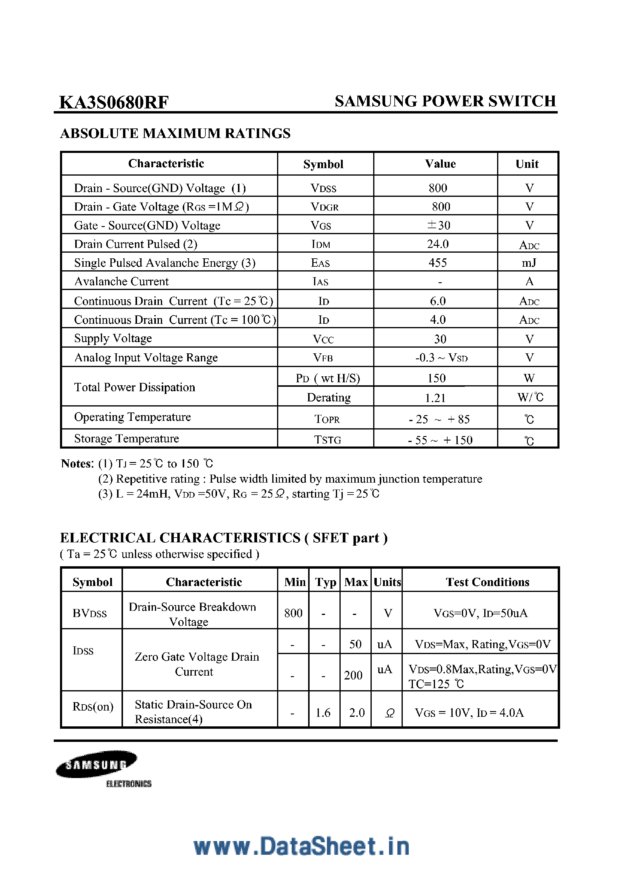 Datasheet KA3S0680RF page 2 Datasheet KA3S0680RF - Power Switch SMPS CONTROLLER page 2