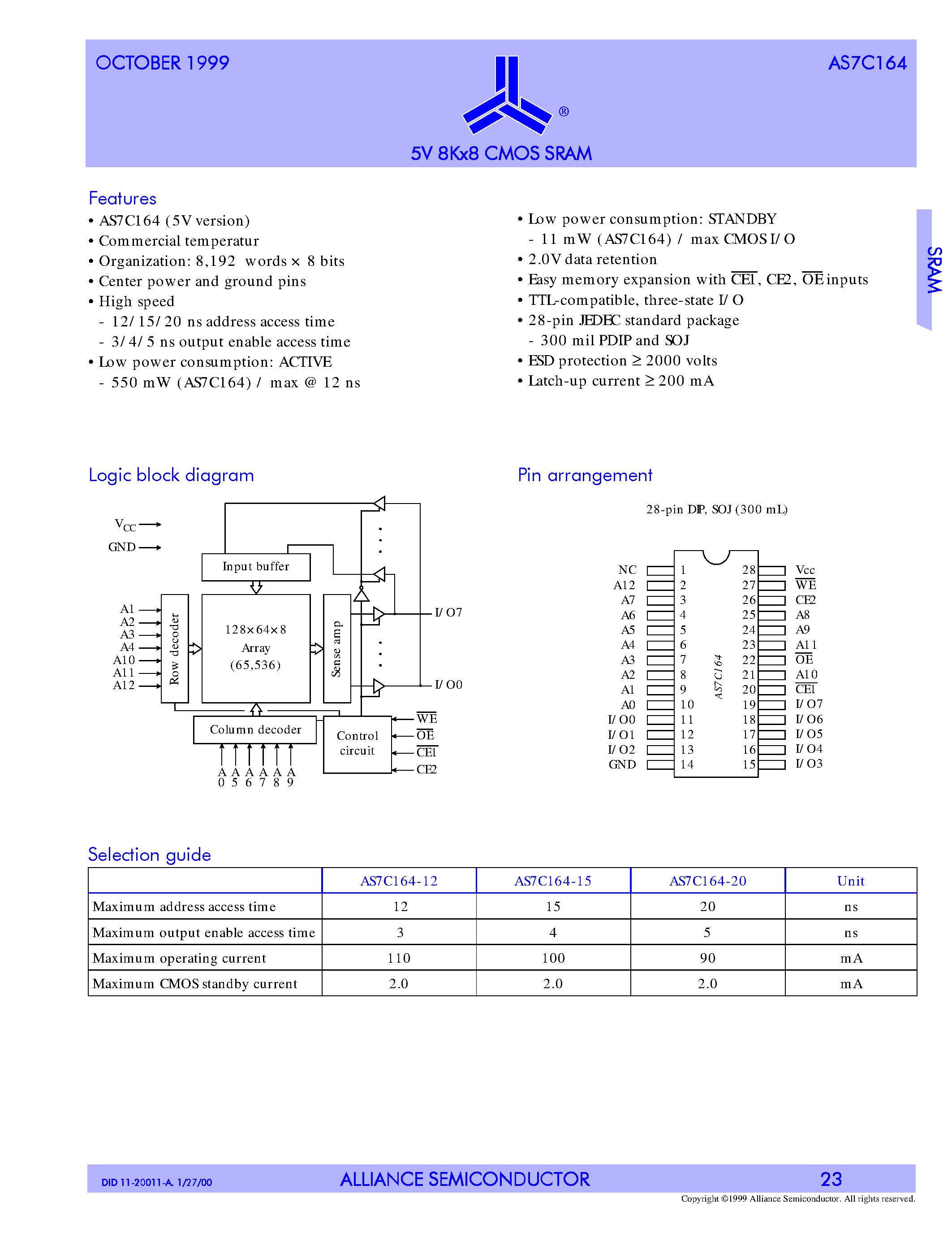 Даташит на микросхему AS7C164 страница 1 Даташит AS7C164 - 5V 8K X 8 CMOS SRAM страница 1