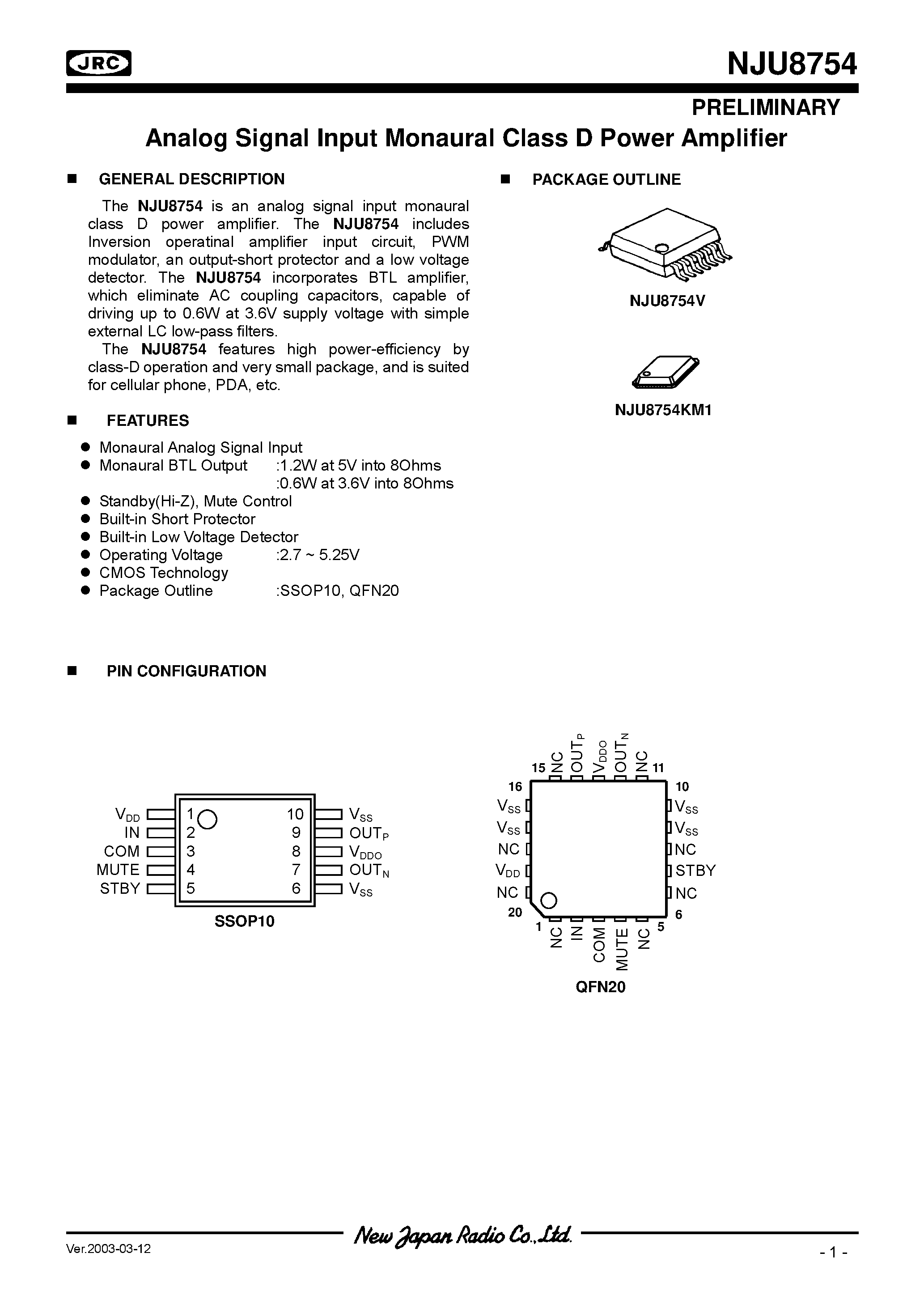 Даташит NJU8754 - Analog Signal Input Monaural Class D Power Amplifier страница 1