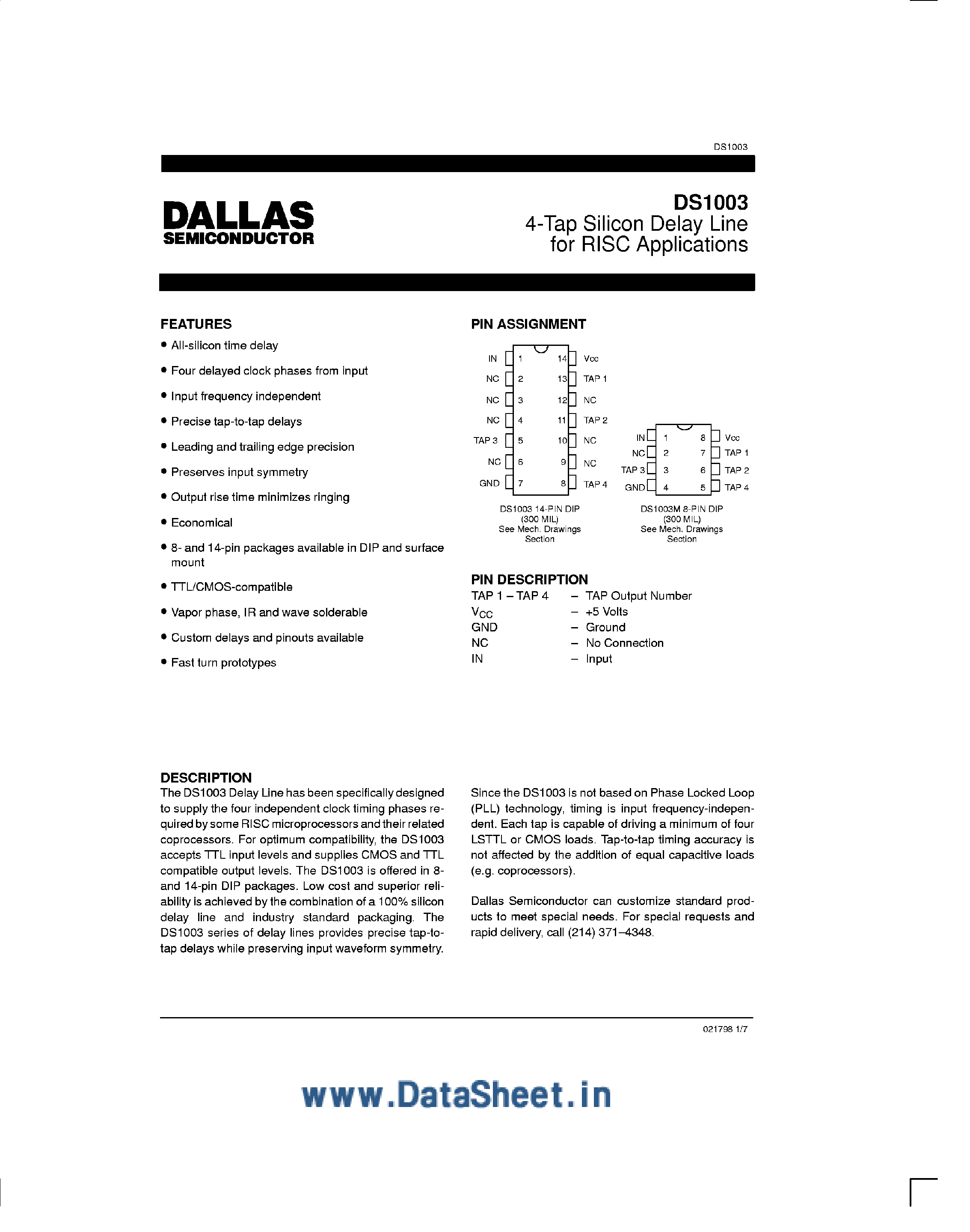 Datasheet DS1003 page 1 Datasheet DS1003 - 4-Tap Silicon Delay Line for RISC Applications page 1