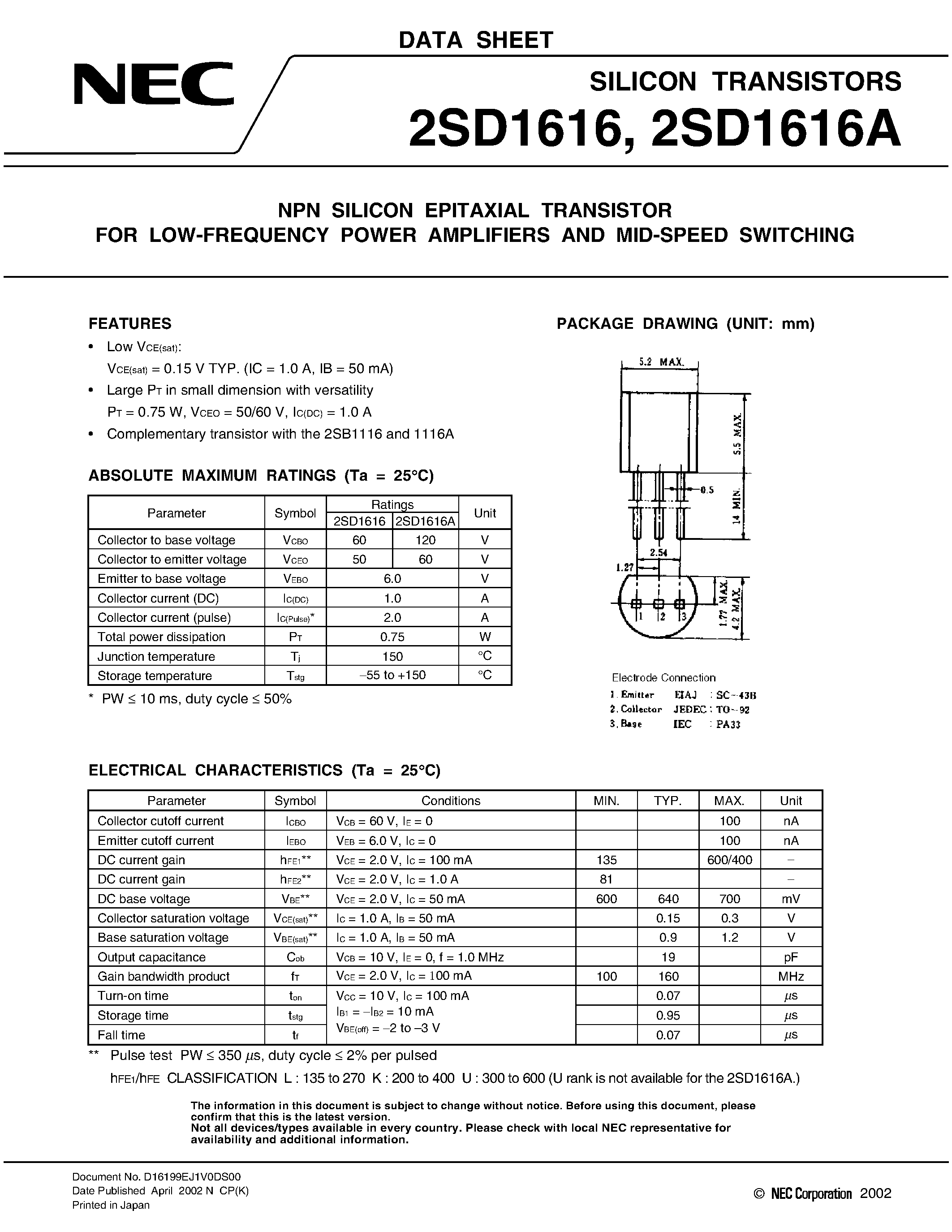 Datasheet 2SD1616 - NPN Silicon Epitaxial Transistor page 1
