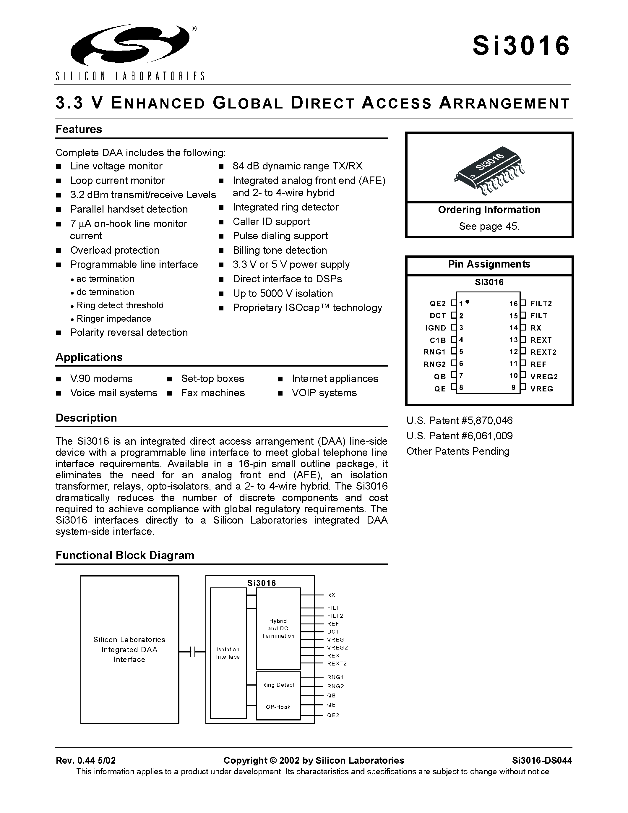 Даташит SI3016 - 3.3 V ENHANCED GLOBAL DIRECT ACCESS ARRANGEMENT страница 1