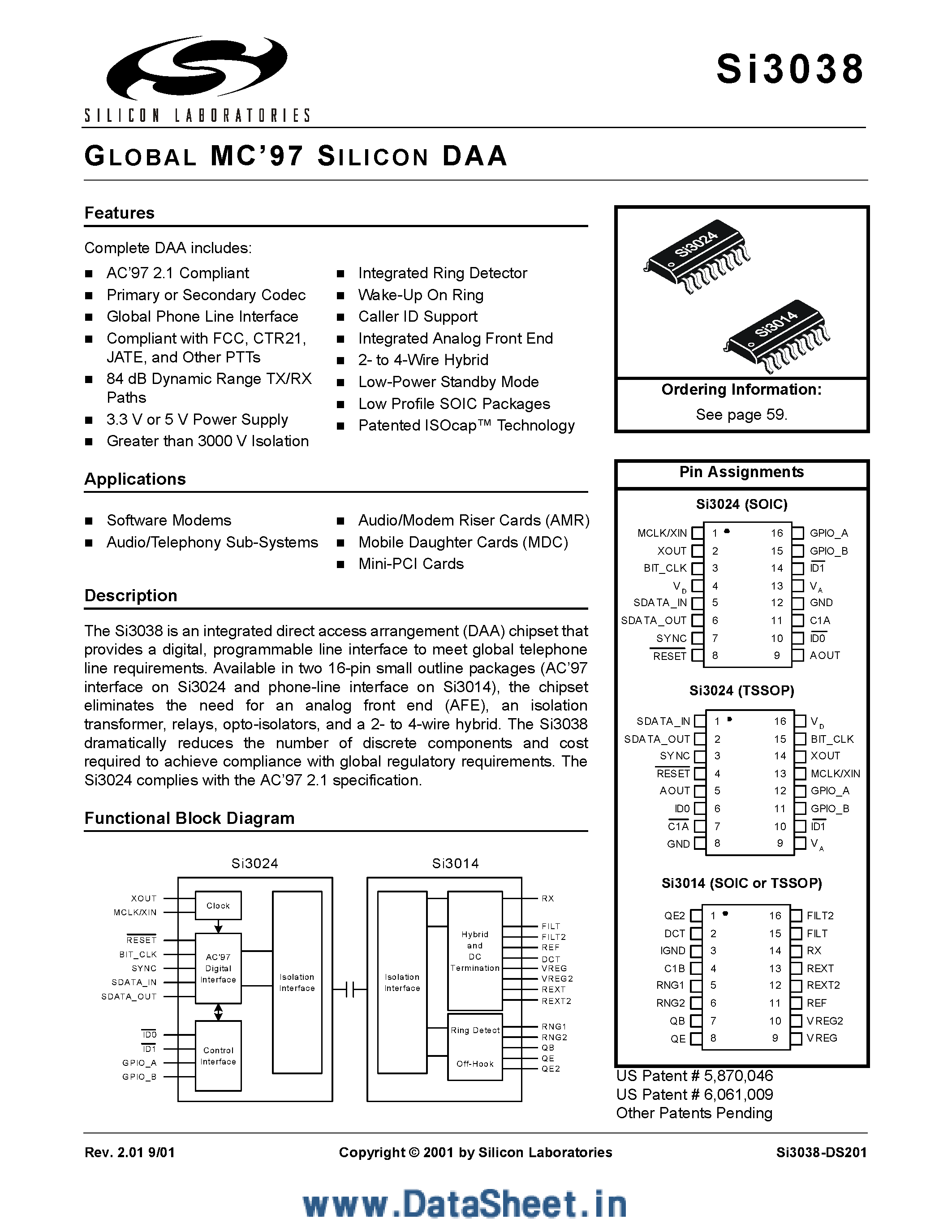 Даташит на микросхему SI3014 страница 1 Даташит SI3014 - (SI3014/24.38) Global MC97 Silicon DAA страница 1