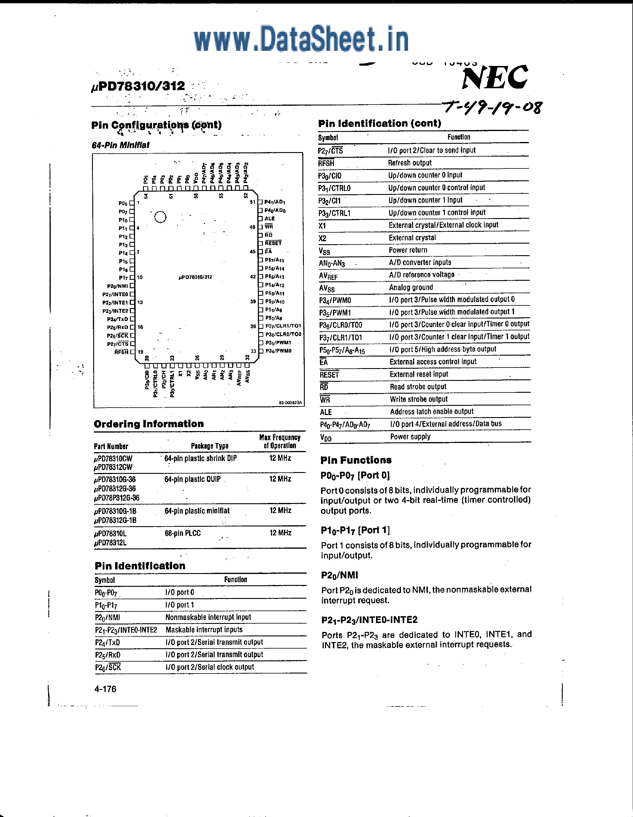 Даташит UPD78310 - (UPD78310 / UPD78312) 8-Bit Single-Chip CMOS Microcomputers / Real Time Control Oriented страница 2