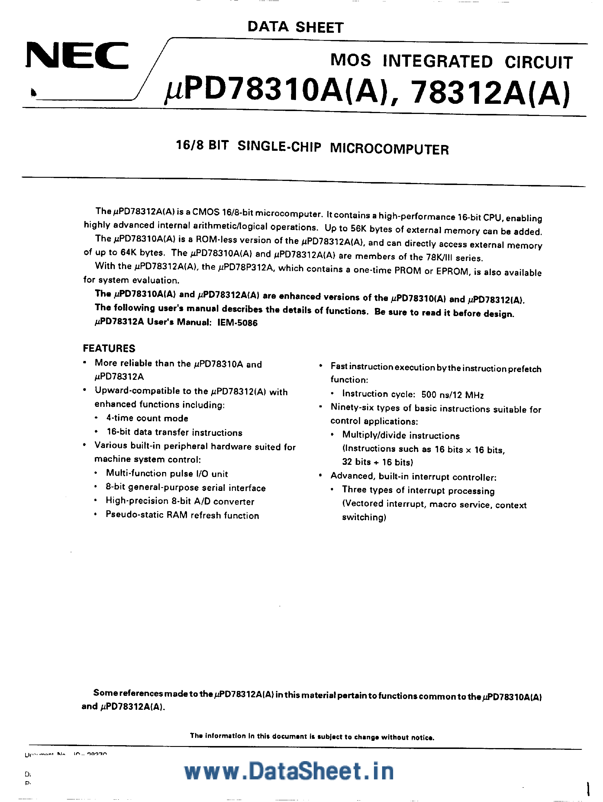 Даташит UPD78310A - (UPD78310A / UPD78312A) 8/16-Bit Single-Chip Microcomputers страница 1