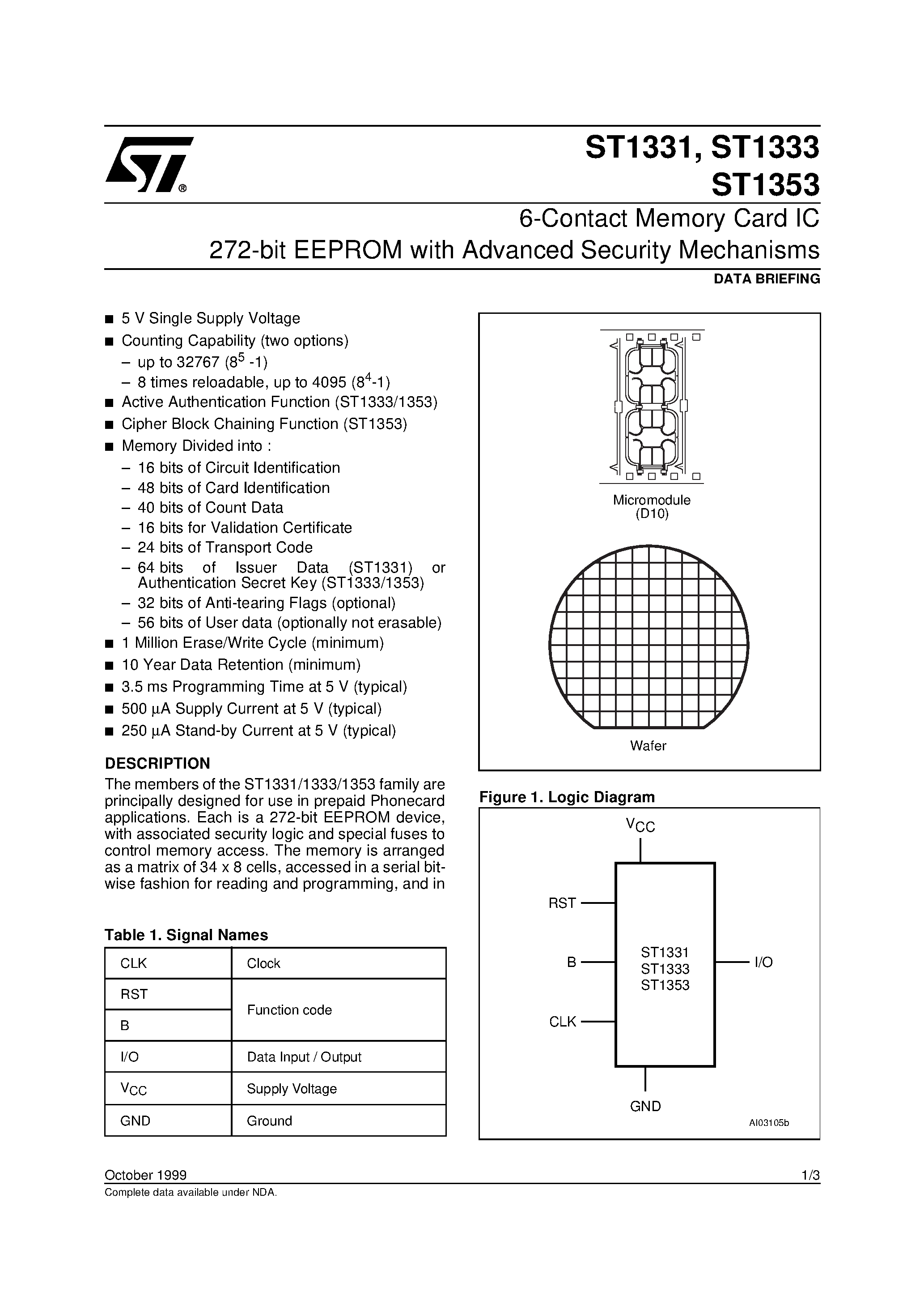 Datasheet ST1331 - (ST1331/1333/1353) 6-Contact Memory Card IC 272-bit EEPROM with Advanced Security Mechanisms page 1