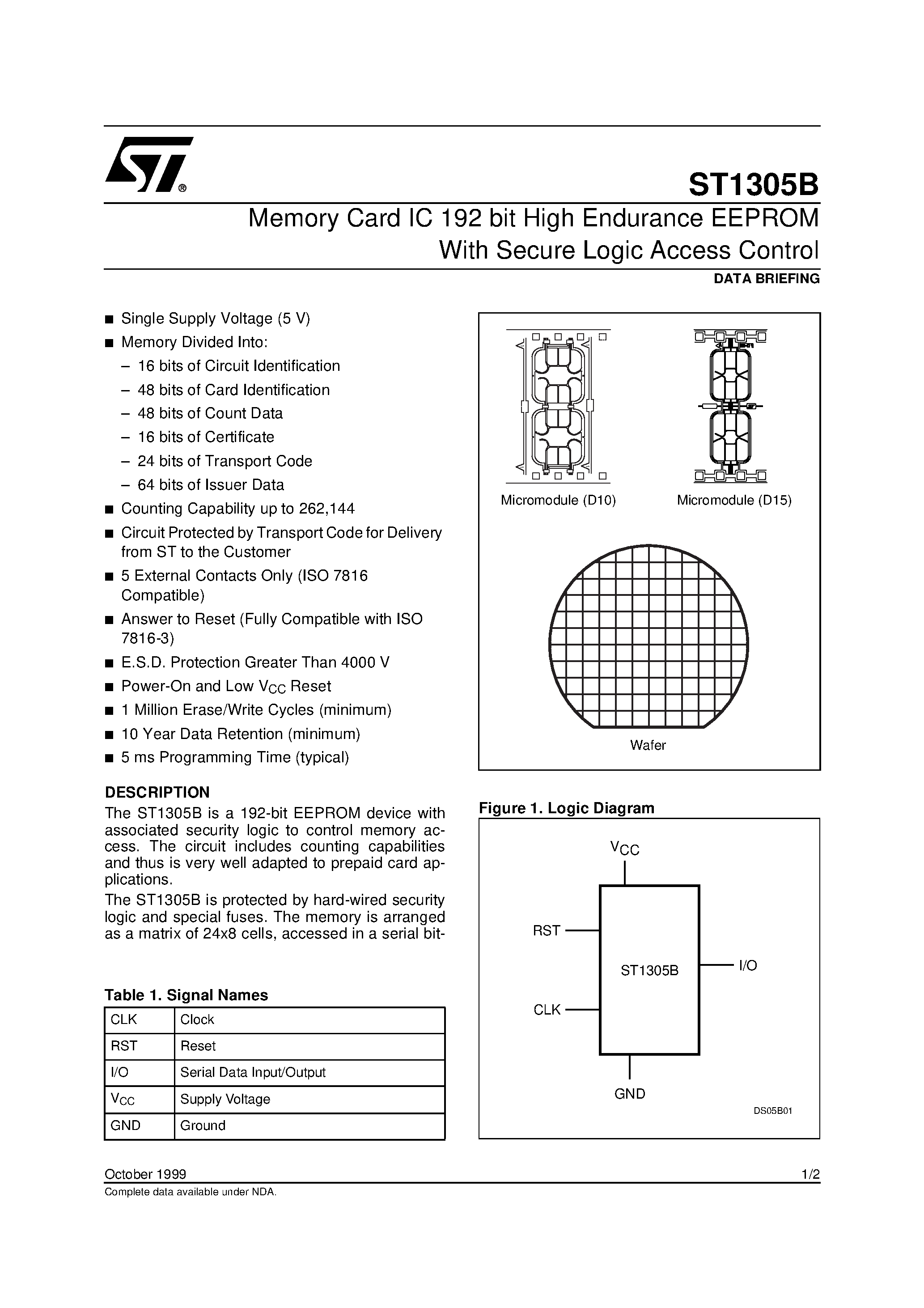 Даташит ST1305B - Memory Card IC 192 bit High Endurance EEPROM With Secure Logic Access Control страница 1