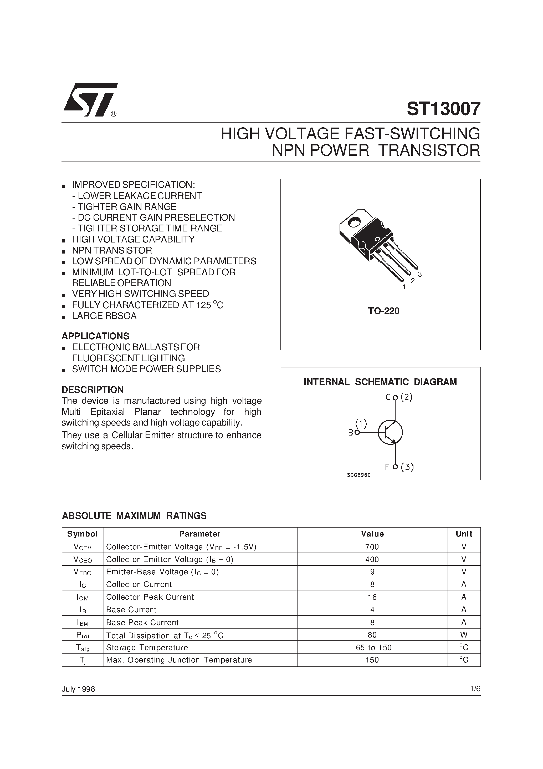Datasheet ST13007 page 1 Datasheet ST13007 - HIGH VOLTAGE FAST-SWITCHING NPN POWER TRANSISTOR page 1