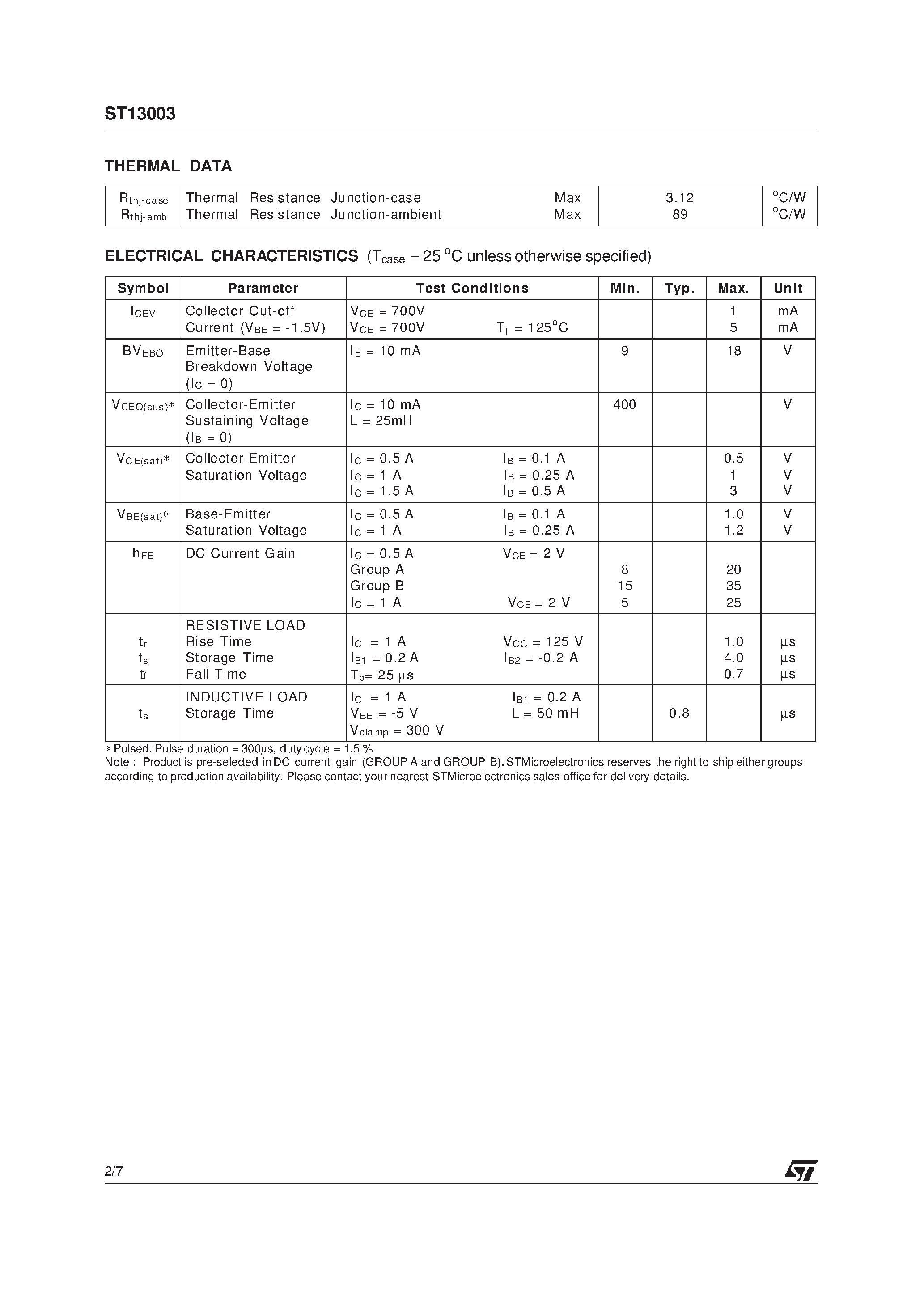 Datasheet ST13003 page 2 Datasheet ST13003 - HIGH VOLTAGE FAST-SWITCHING NPN POWER TRANSISTOR page 2