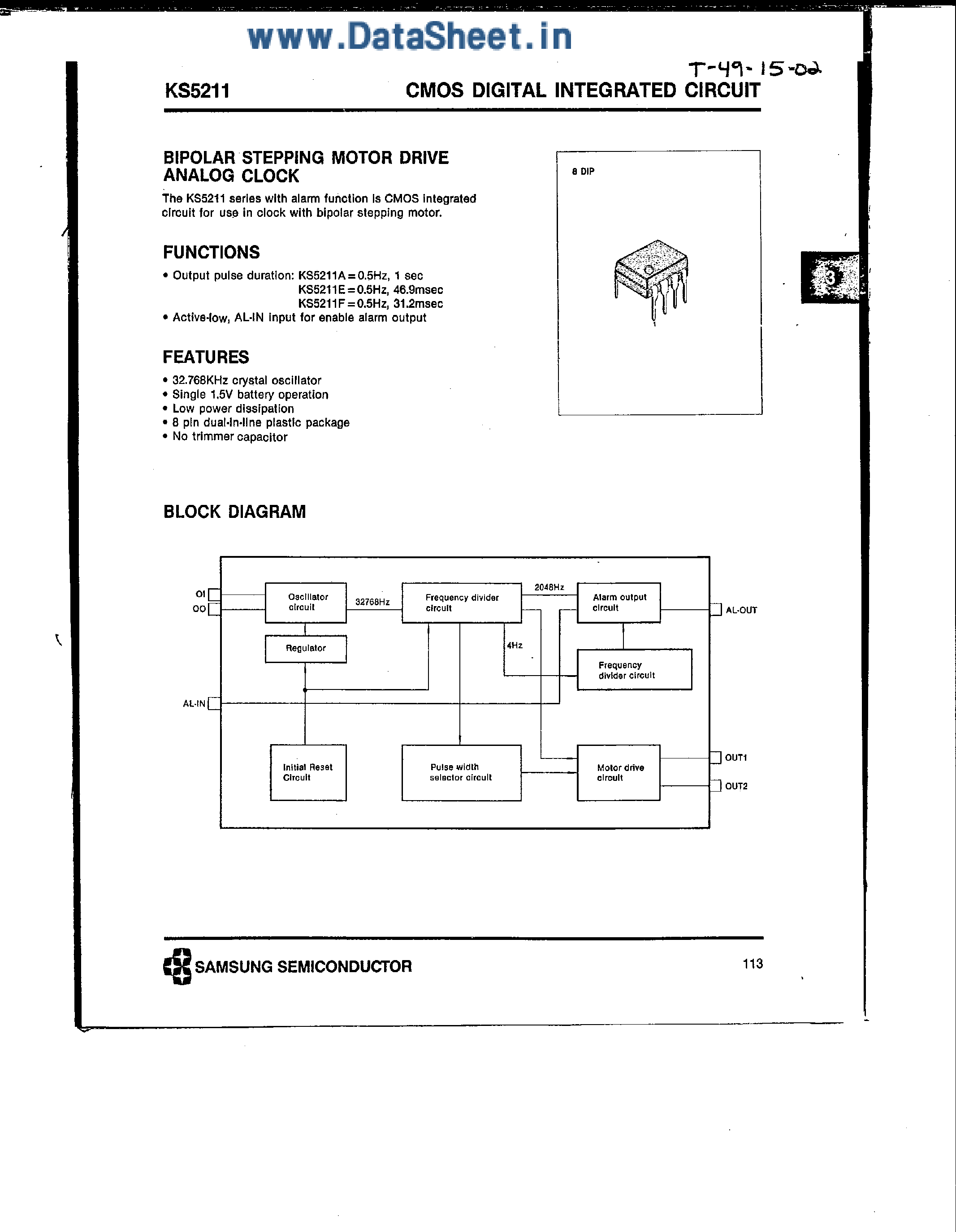 Даташит KS5211 - Bipolar Stepping Motor Drive Analog Clock страница 1