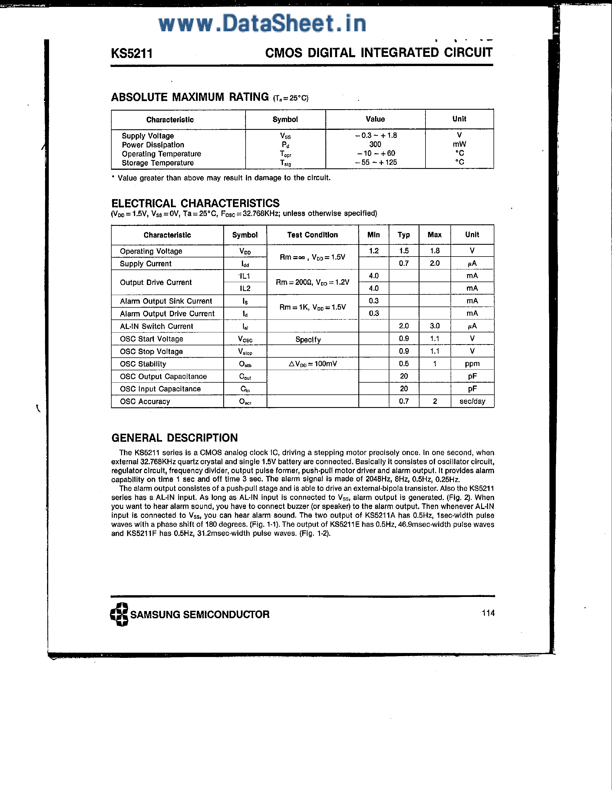 Даташит KS5211 - Bipolar Stepping Motor Drive Analog Clock страница 2