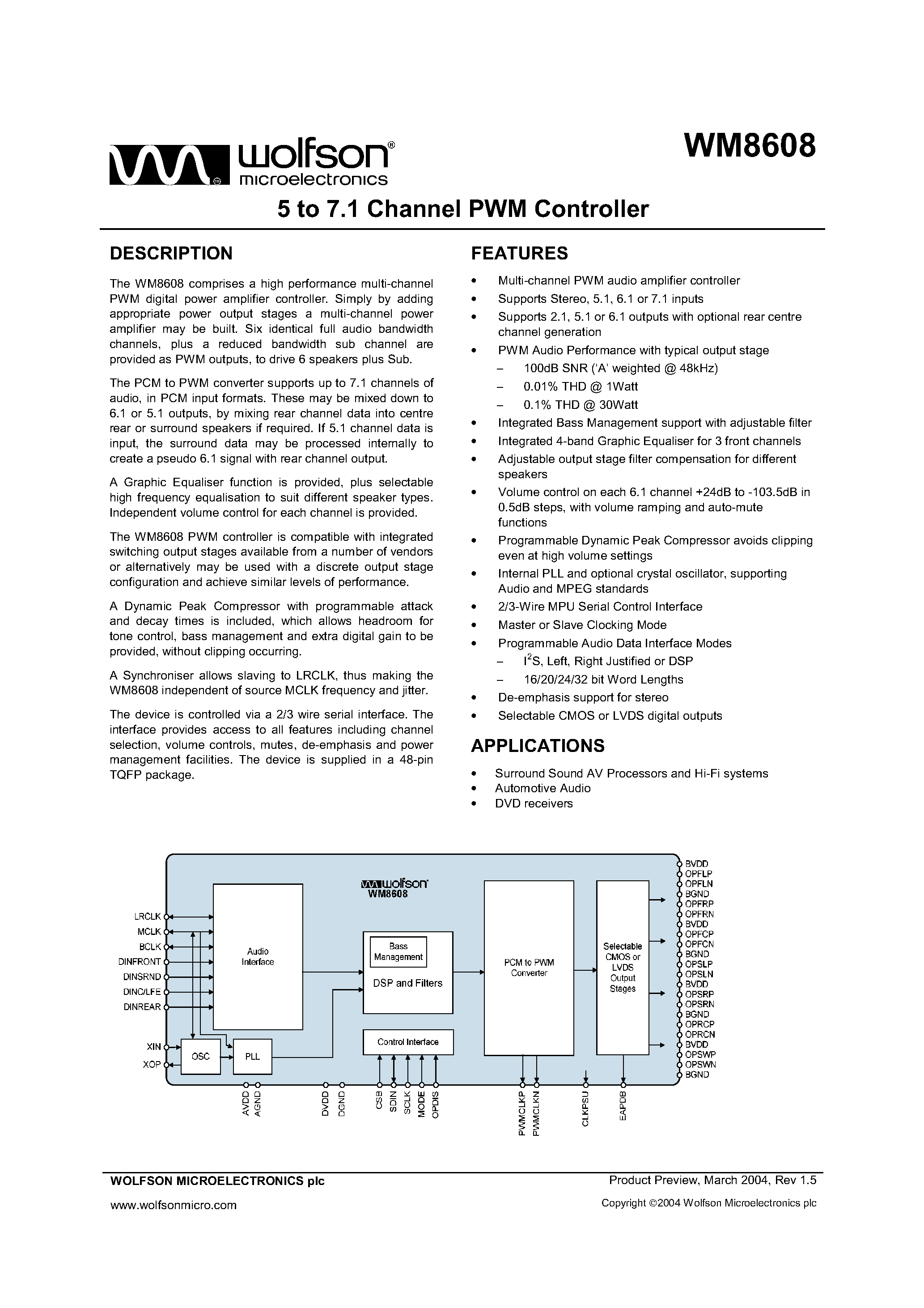 Даташит WM8608 - 5 TO 7.1 CHANNEL PWM CONTROLLER страница 1