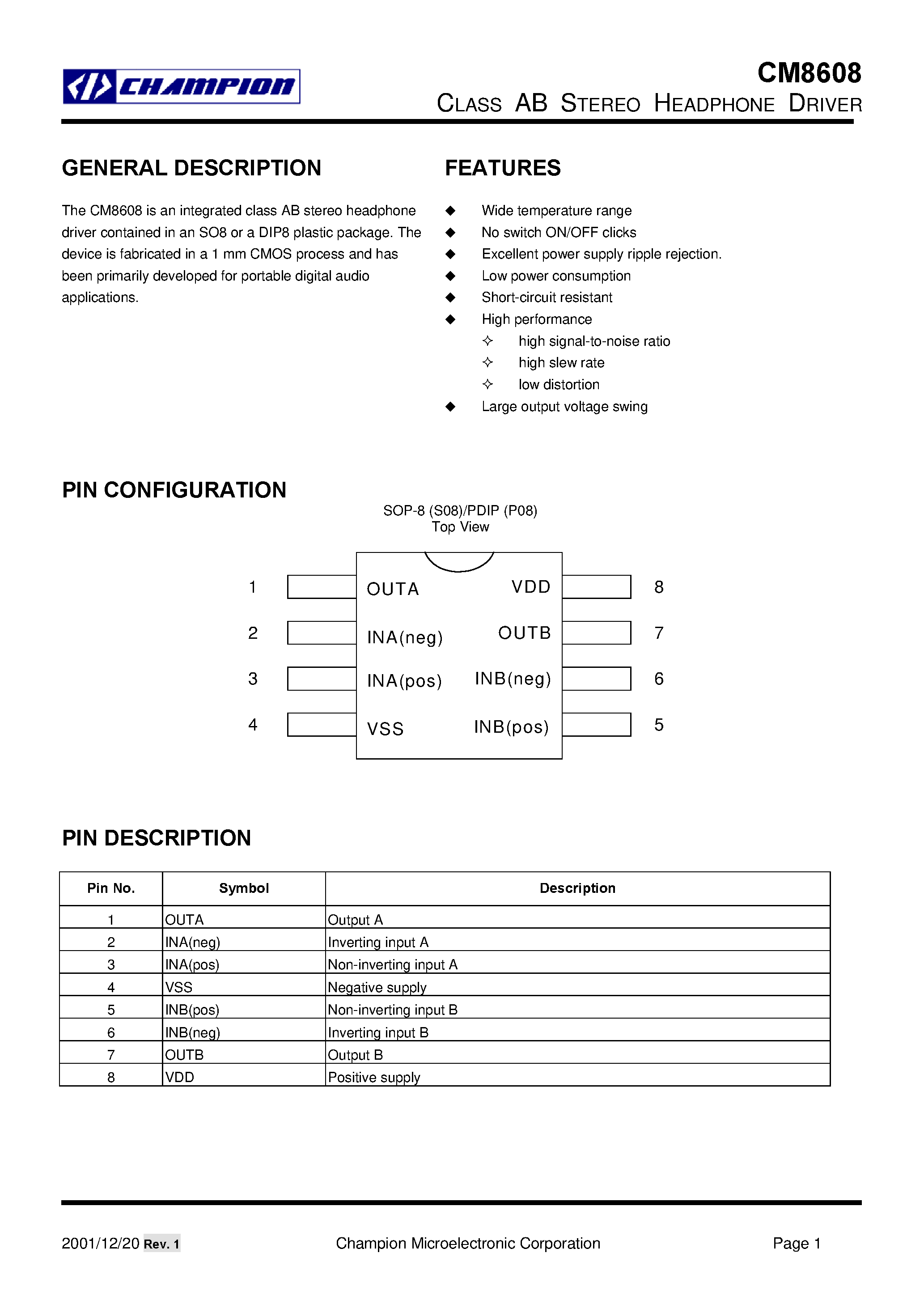 Даташит CM8608 - CLASS AB STEREO HEAD PHONE DRIVER страница 1