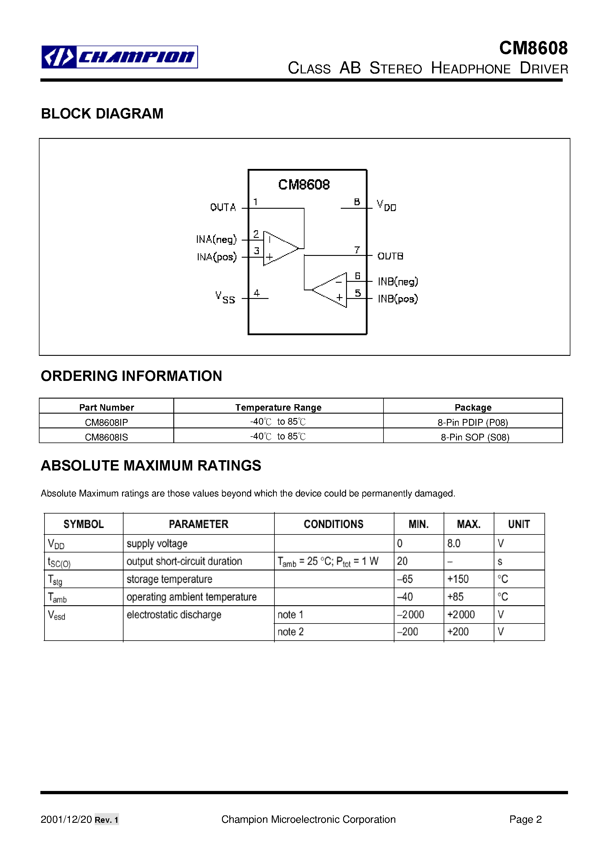 Даташит CM8608 - CLASS AB STEREO HEAD PHONE DRIVER страница 2