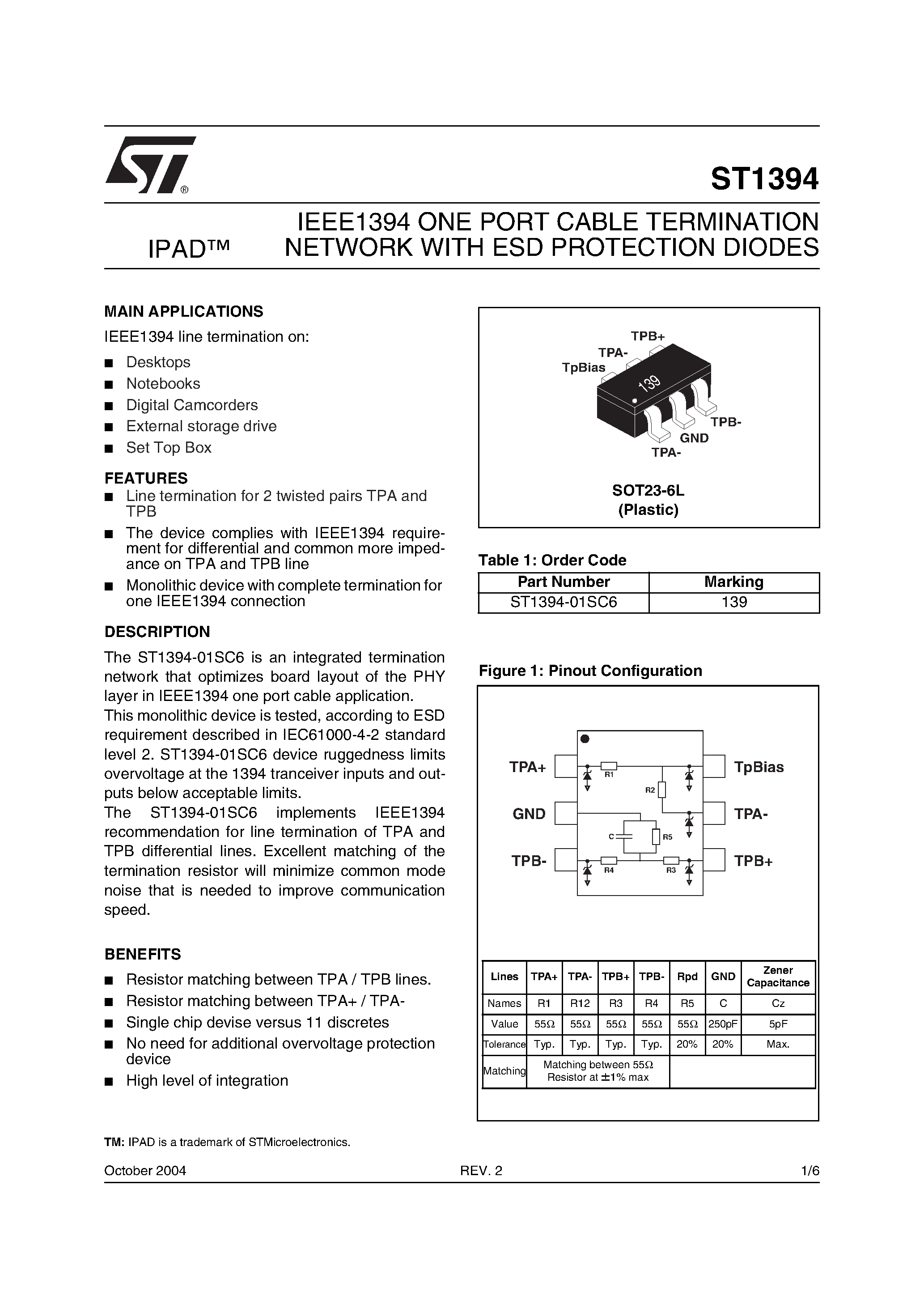 Даташит ST1394 - IEEE1394 ONE PORT CABLE TERMINATION NETWORK WITH ESD PROTECTION DIODES страница 1