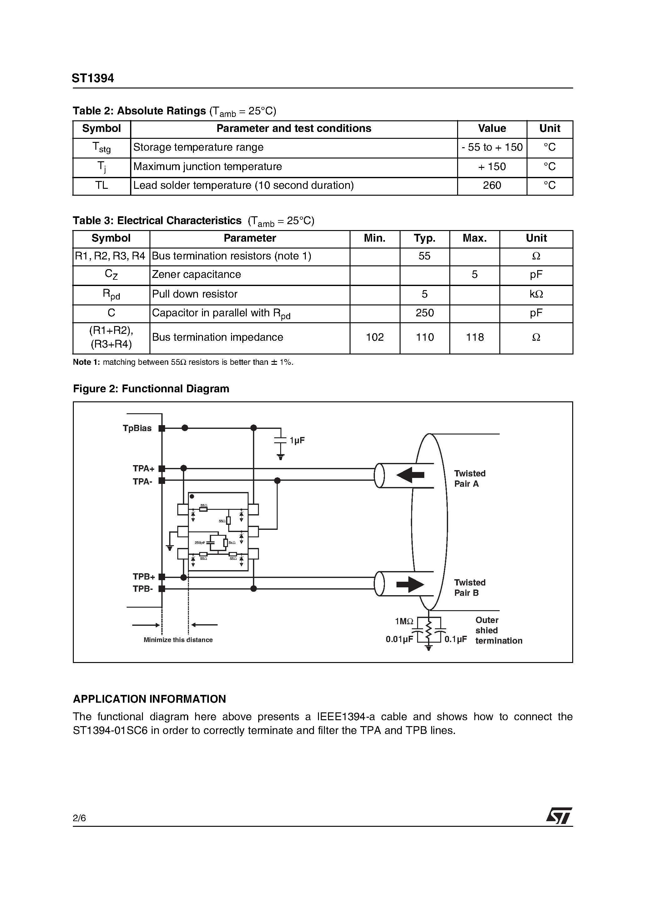 Даташит ST1394 - IEEE1394 ONE PORT CABLE TERMINATION NETWORK WITH ESD PROTECTION DIODES страница 2