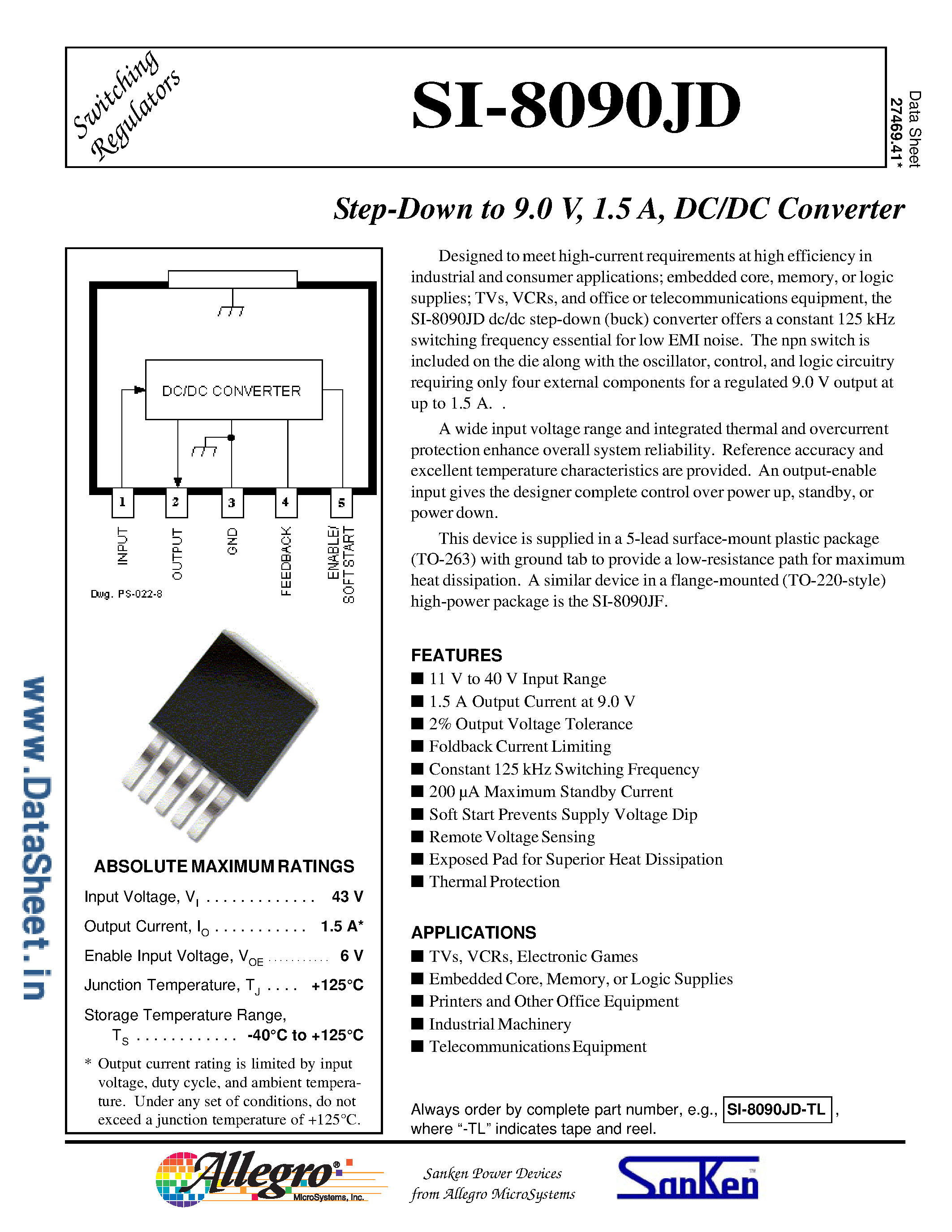 Datasheet SI-8090JD - Step-Down to 9V / 1.5A DC-DC Converter page 1