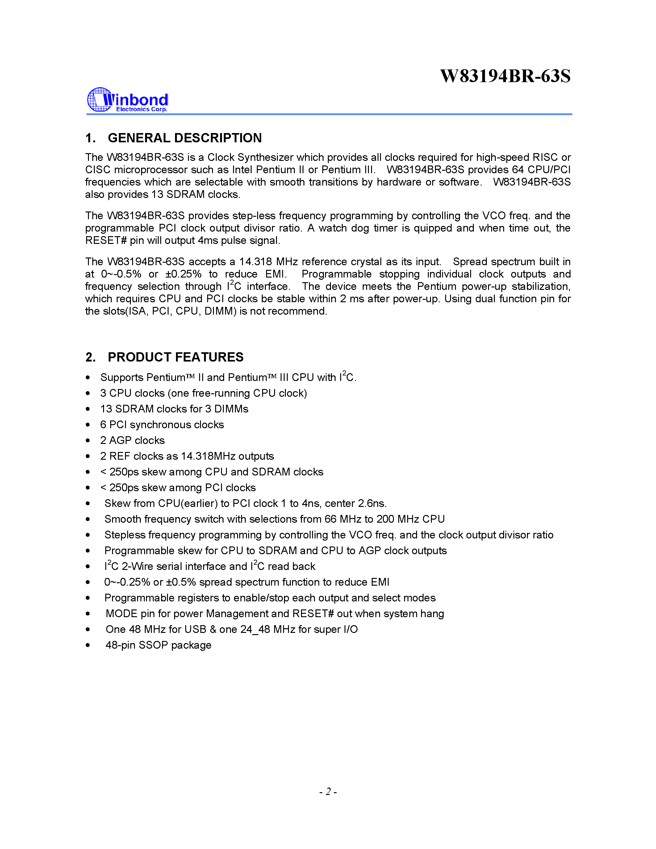 Datasheet W83194BR-63S - STEP-LESS CLOCK FOR SIS CHIPSET page 2
