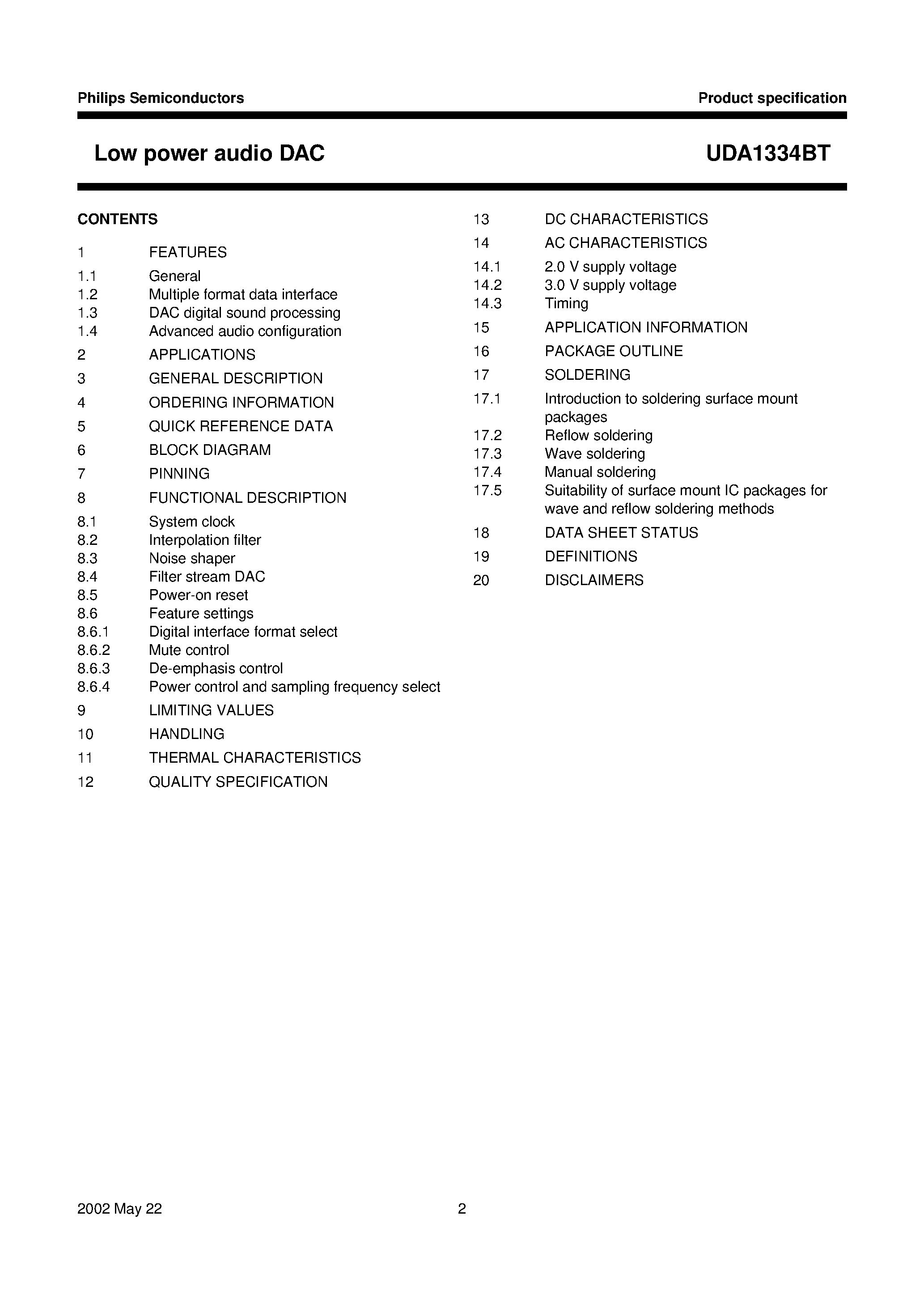 Datasheet UDA1334BT - Low power audio DAC page 2