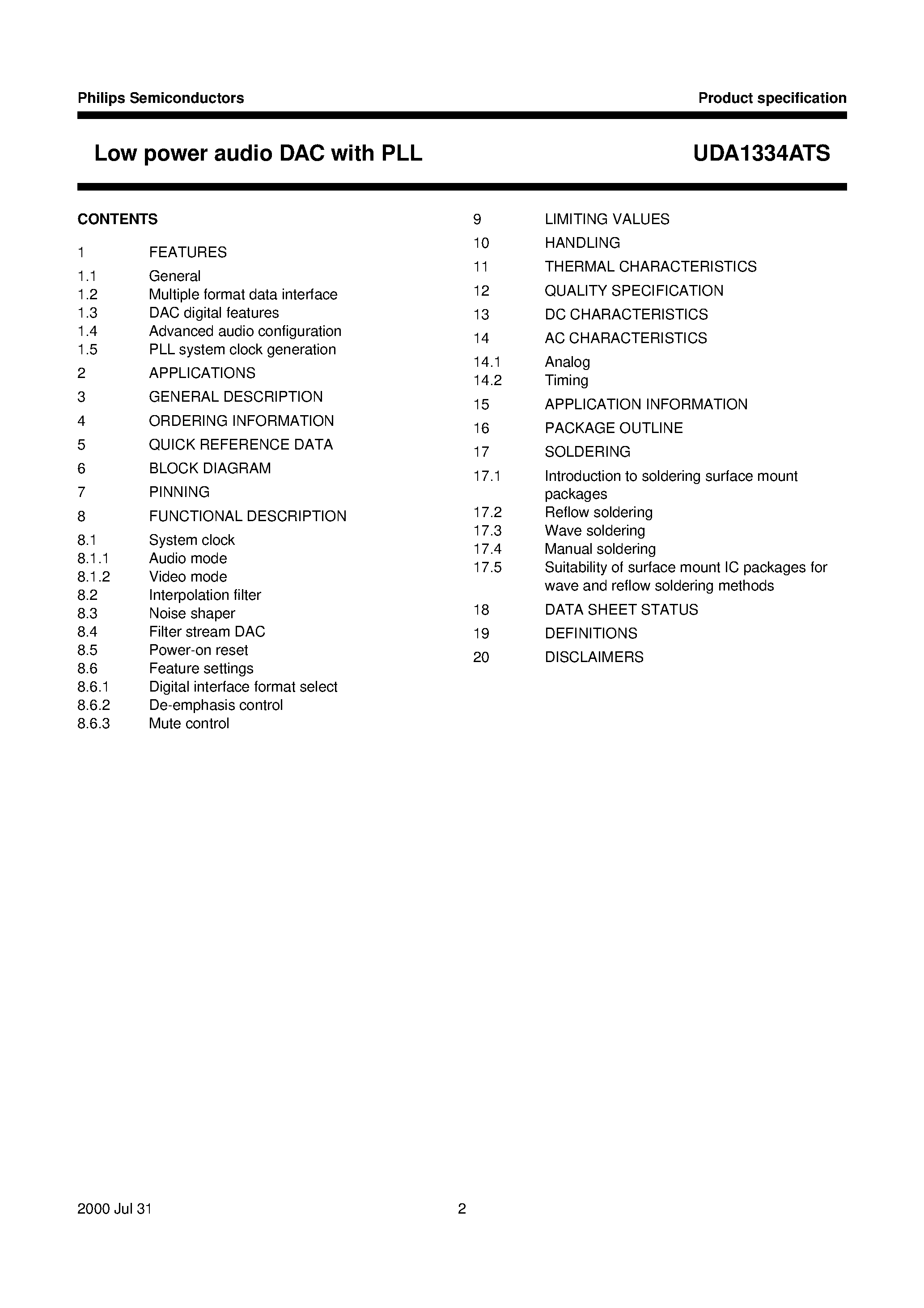 Datasheet UDA1334ATS page 2 Datasheet UDA1334ATS - Low power audio DAC with PLL page 2