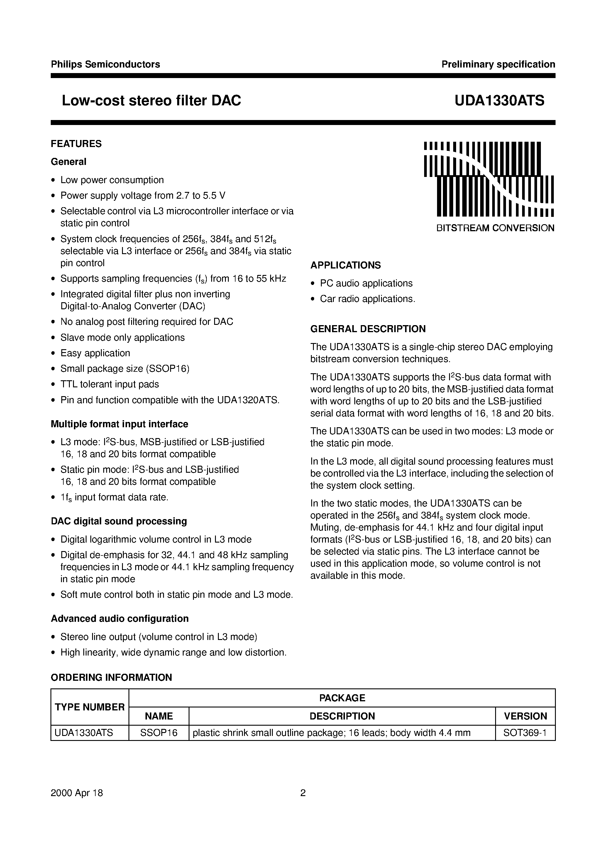 Datasheet UDA1330ATS - Low-cost stereo filter DAC page 2