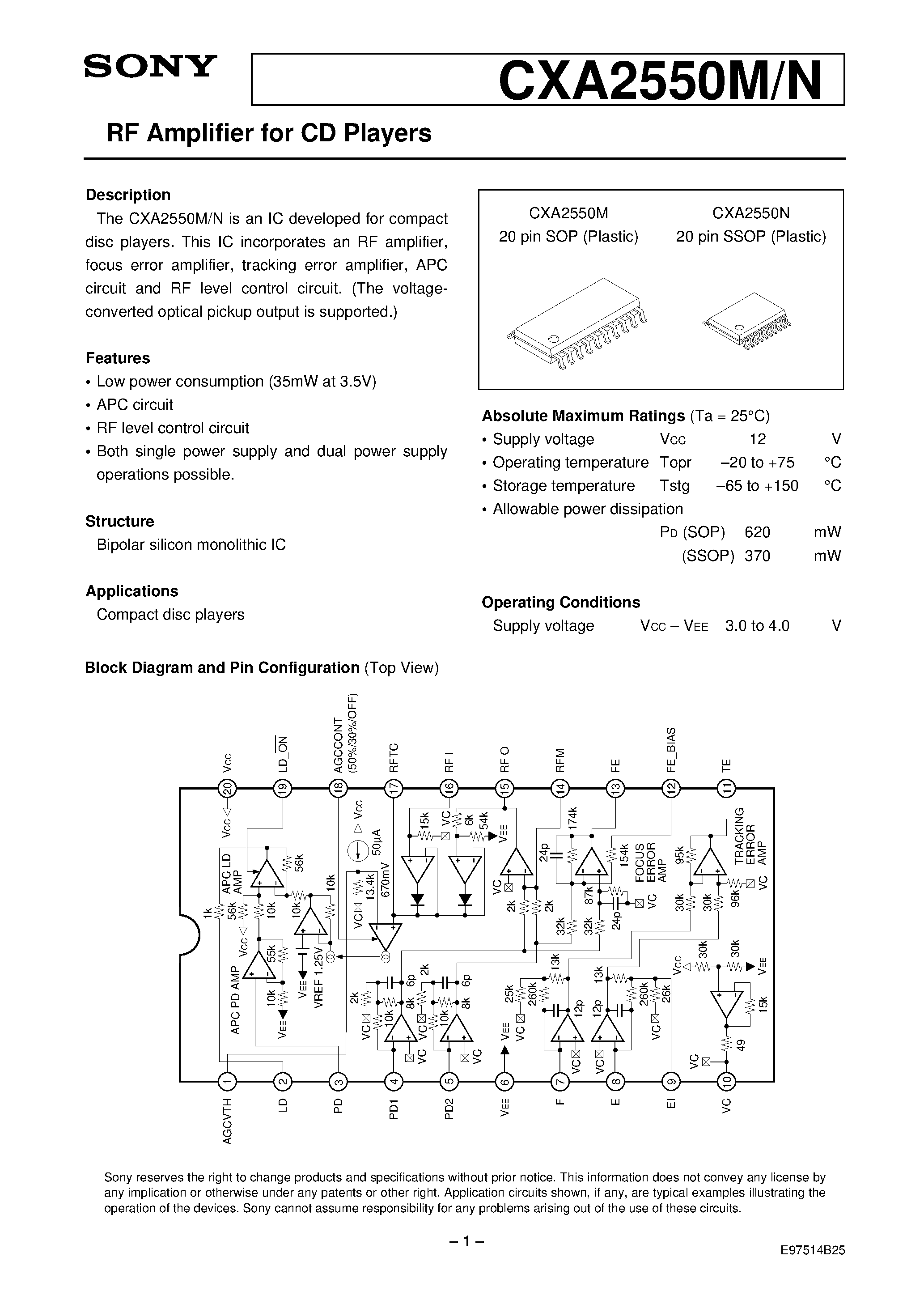Даташит CXA2550M - RF Amplifier For CD Players страница 1