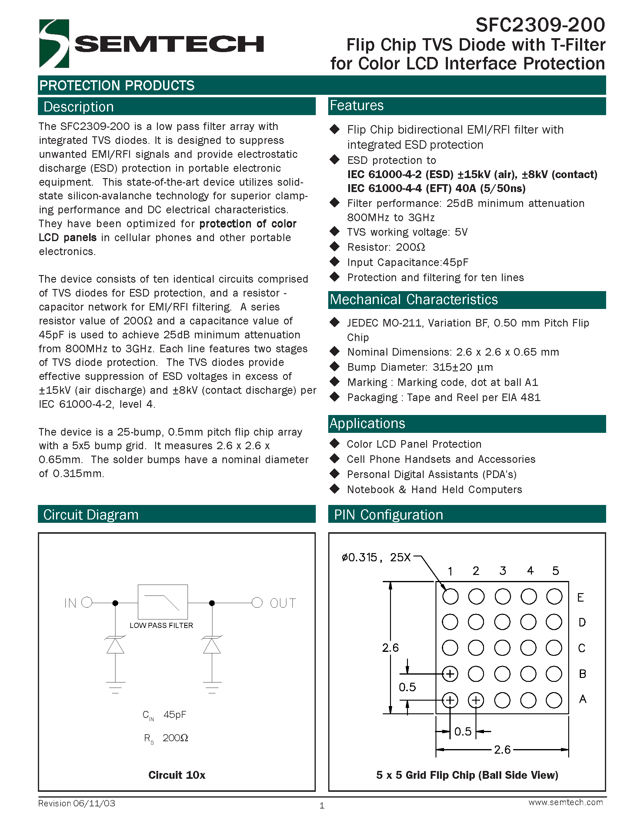 Datasheet SFC2309-200 page 1 Datasheet SFC2309-200 - Flip Chip TVS Diode with T-Filter for Color LCD Interface Protection page 1