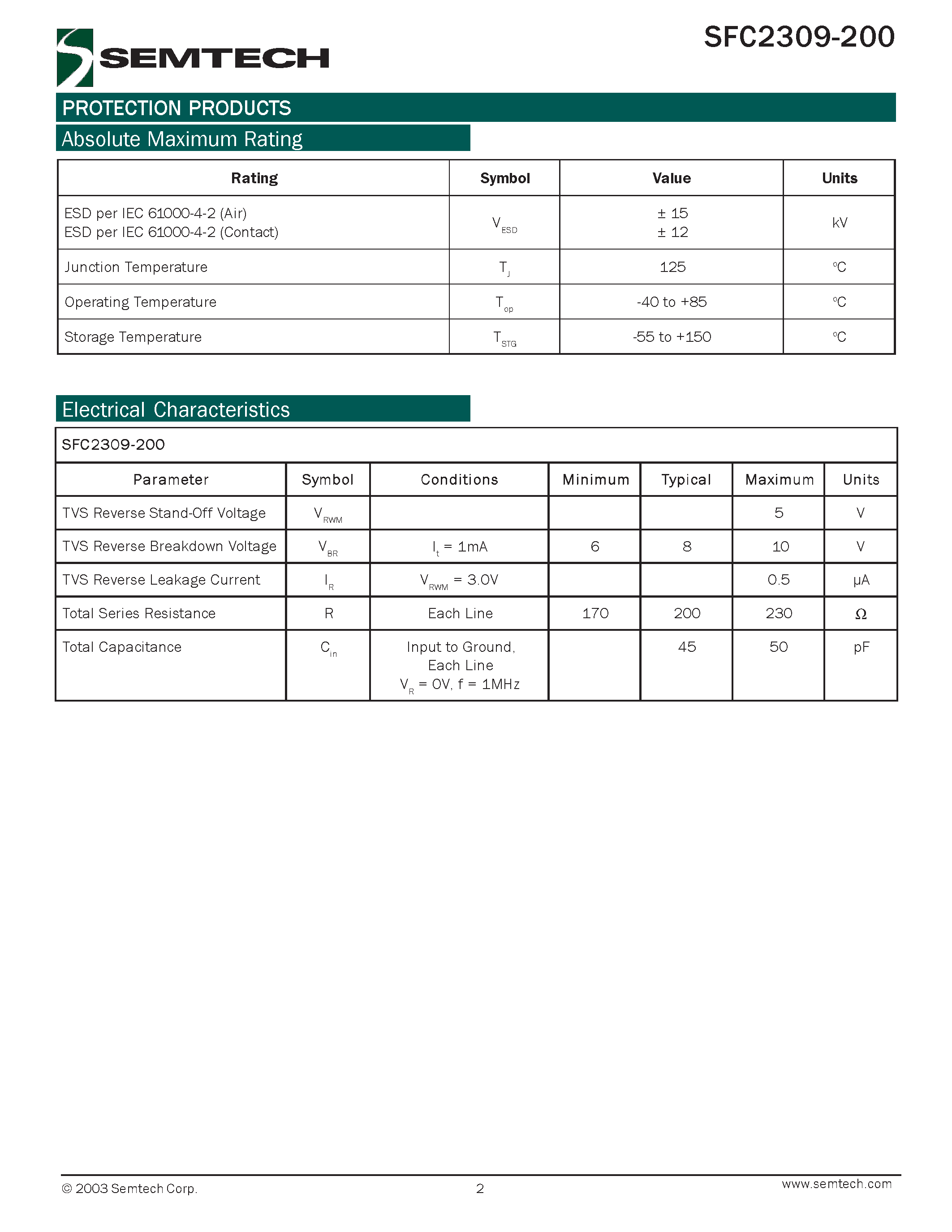 Datasheet SFC2309-200 page 2 Datasheet SFC2309-200 - Flip Chip TVS Diode with T-Filter for Color LCD Interface Protection page 2