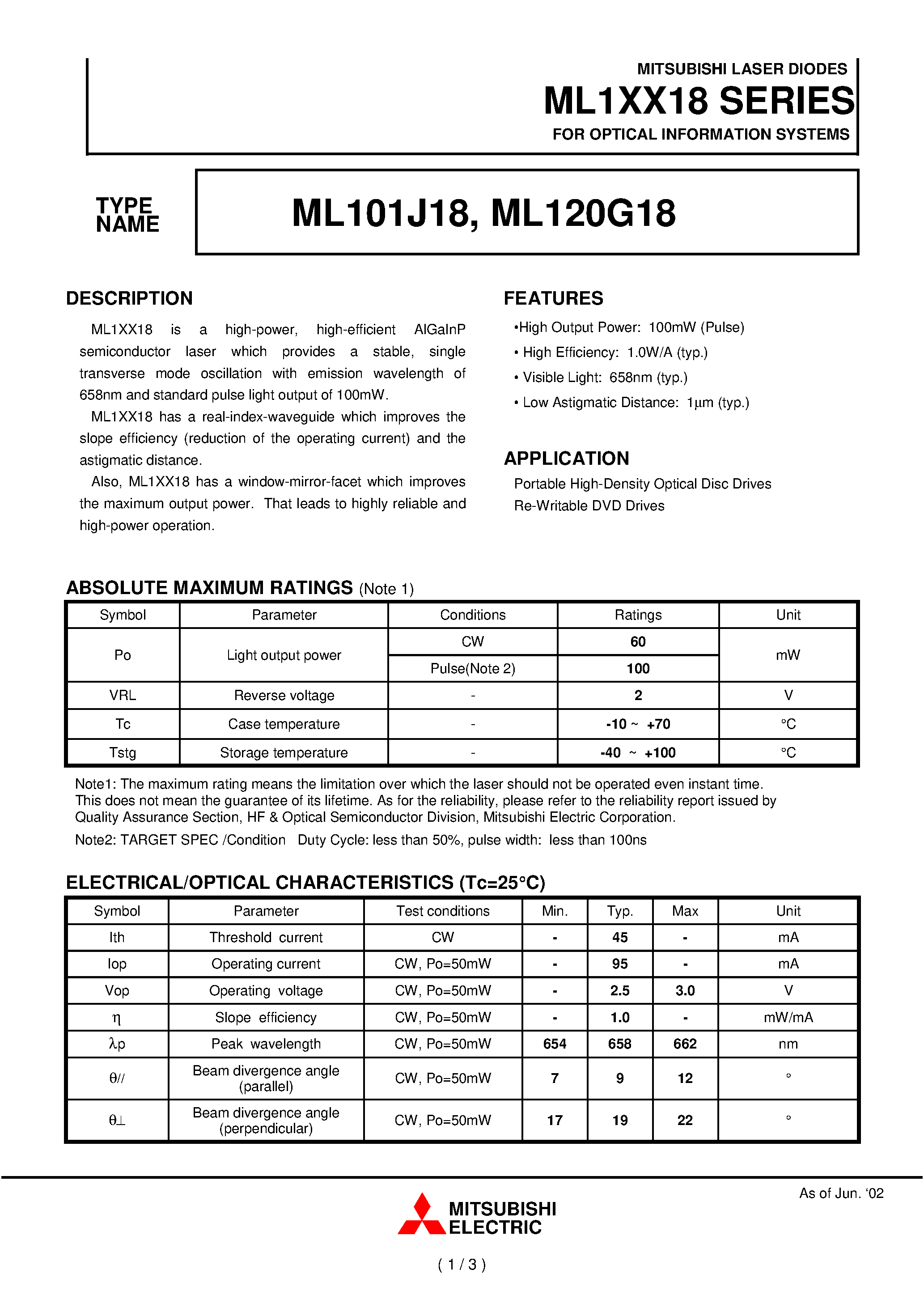 Datasheet ML120G18 - MITSUBISHI LASER DIODES page 1
