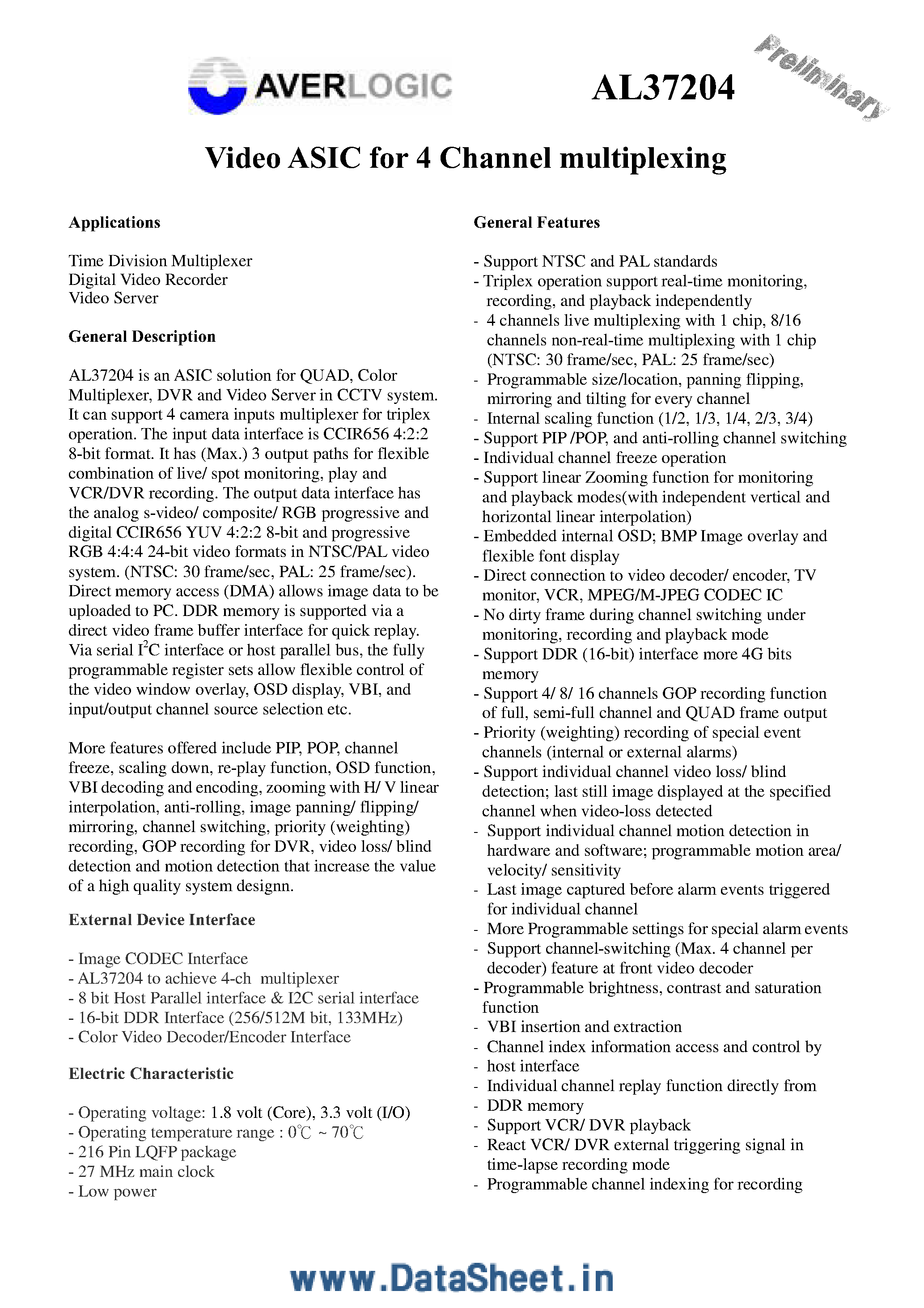 Datasheet AL37204 - Video ASIC for 4-Channel Multiplexing page 1