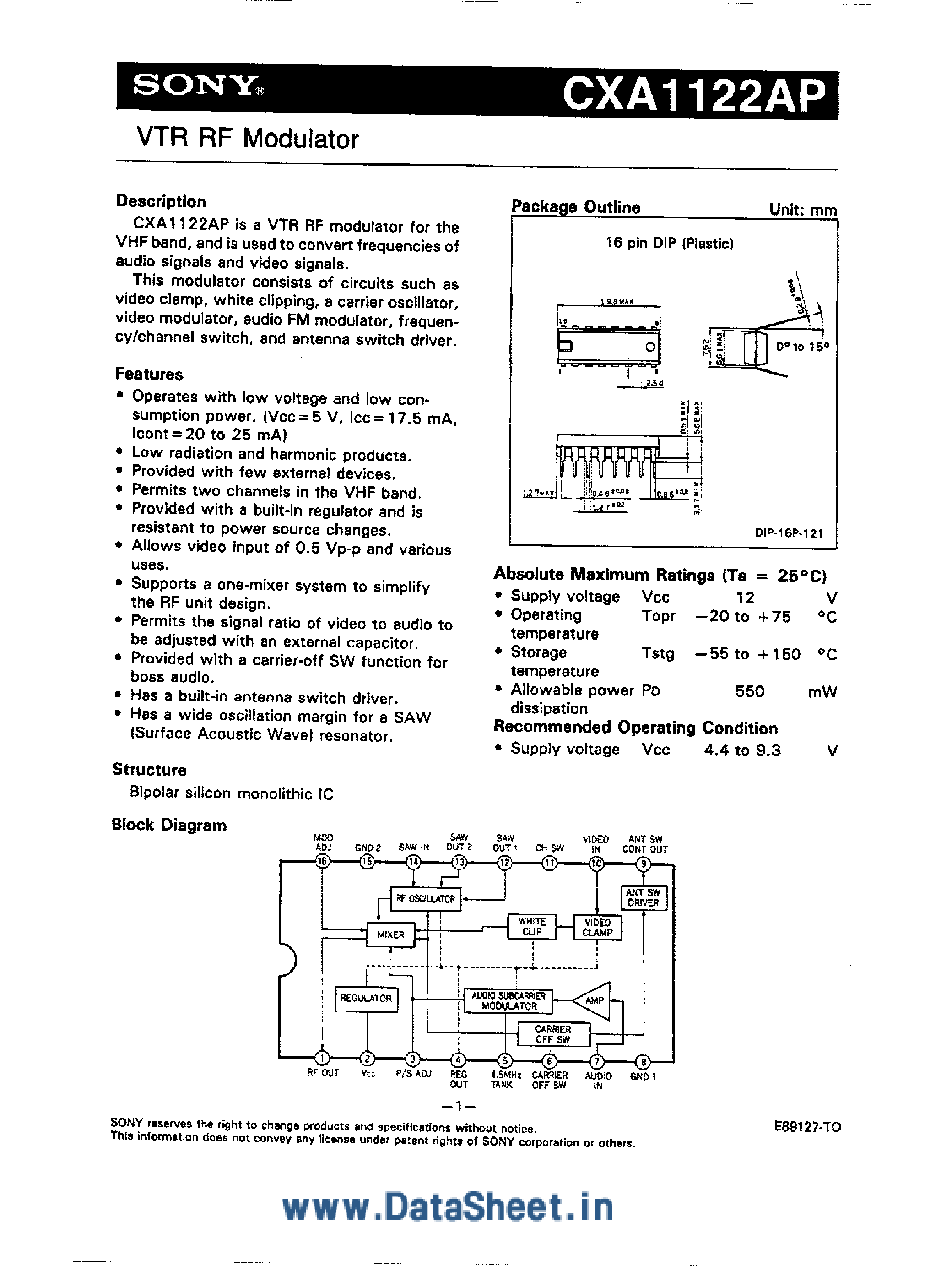 Даташит на микросхему CXA1122AP страница 1 Даташит CXA1122AP - VTR RF Modulator страница 1