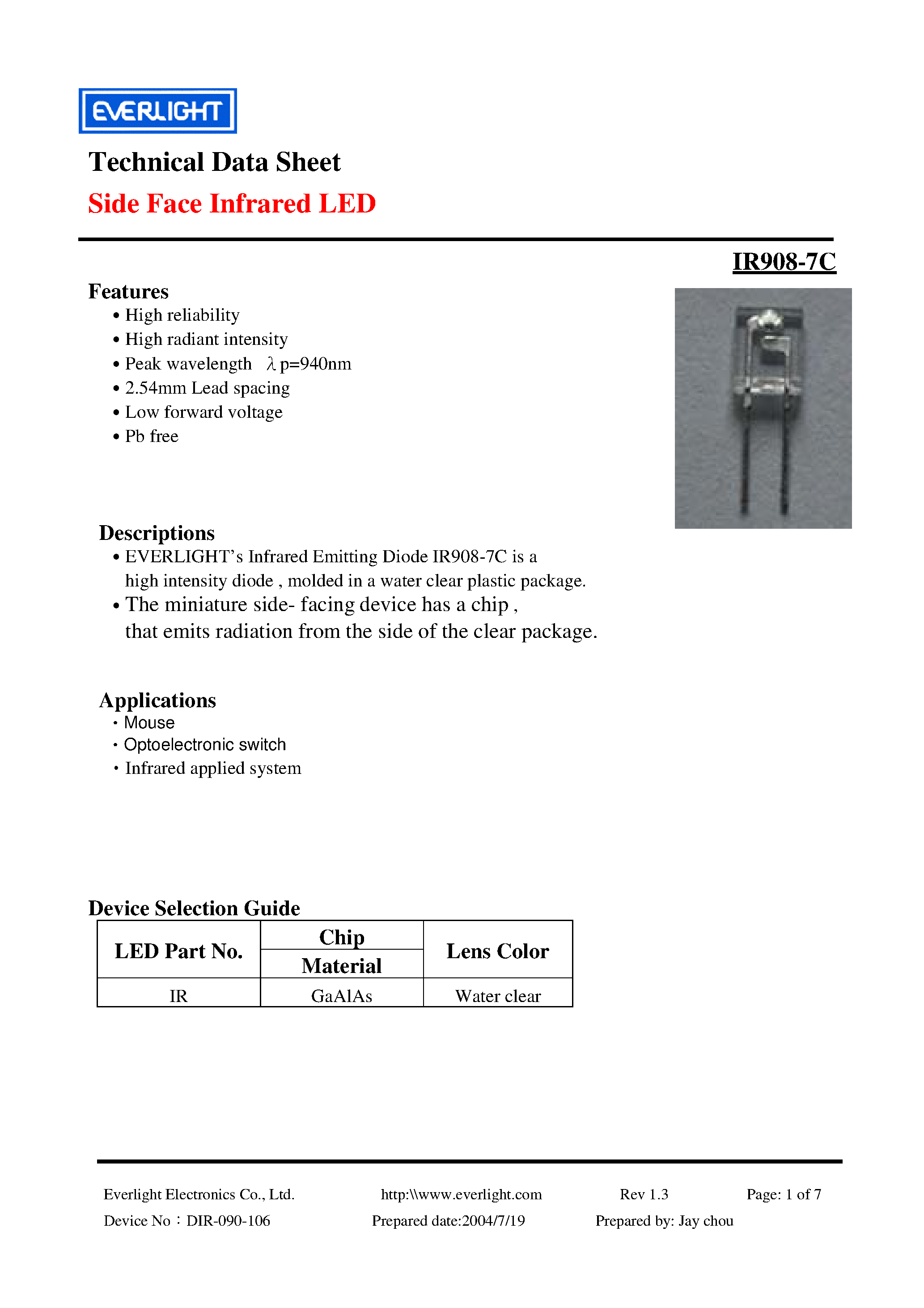 Datasheet IR908-7C - EVERLIGHTs Infrared Emitting Diode IR908-7C is a high intensity diode page 1