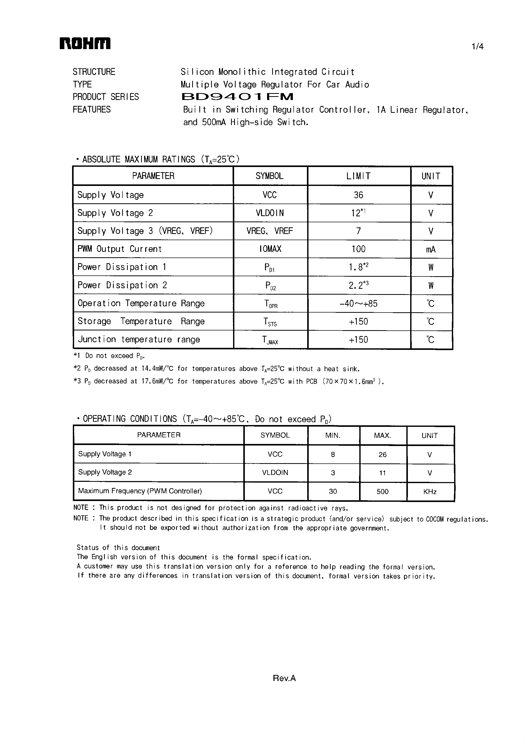 Datasheet BD9401FM - SMPS Controller page 1