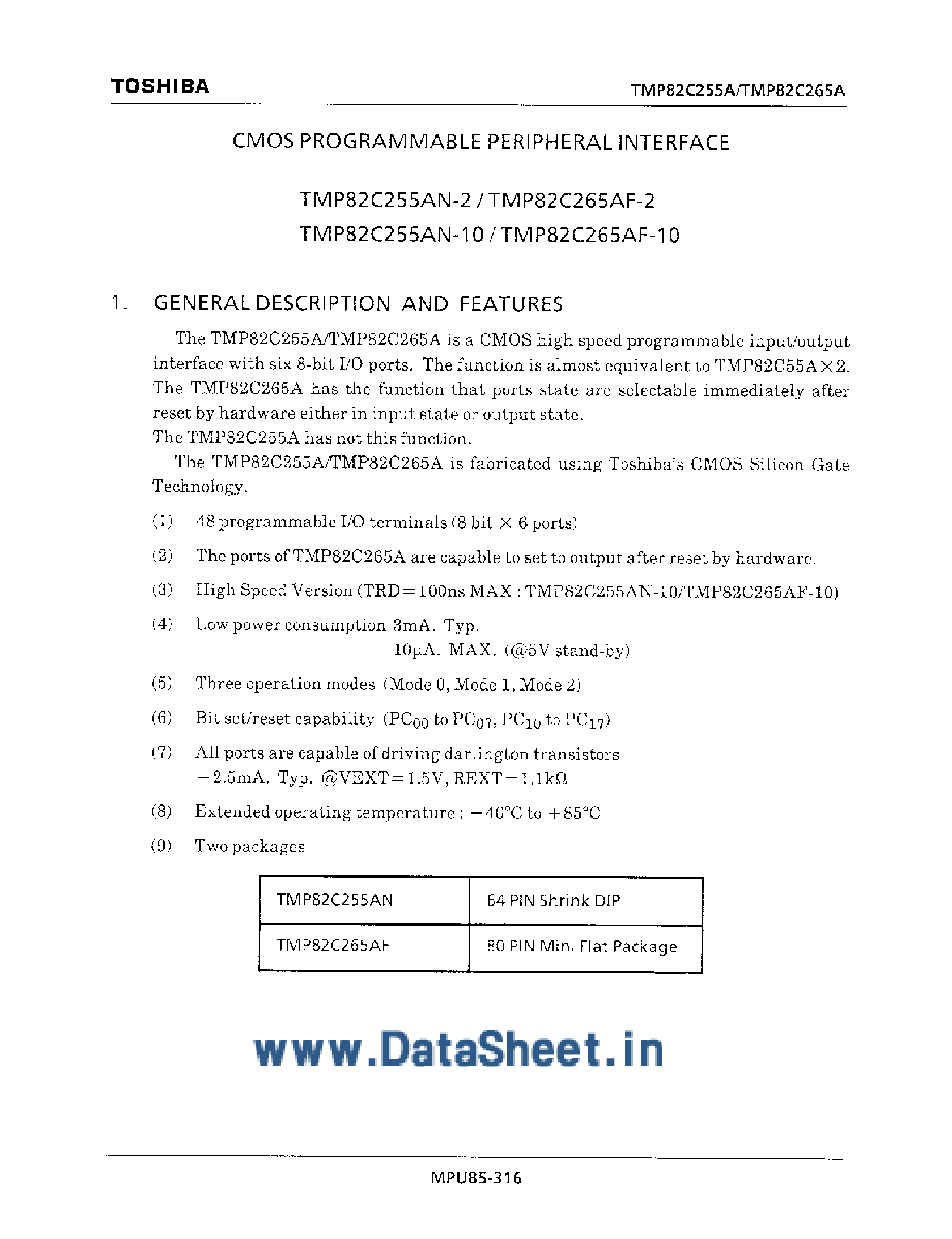 Datasheet TMP82C255A page 1 Datasheet TMP82C255A - (TMP82C255A / TMP82C265A) CMOS Programmable Peripheral Interface page 1