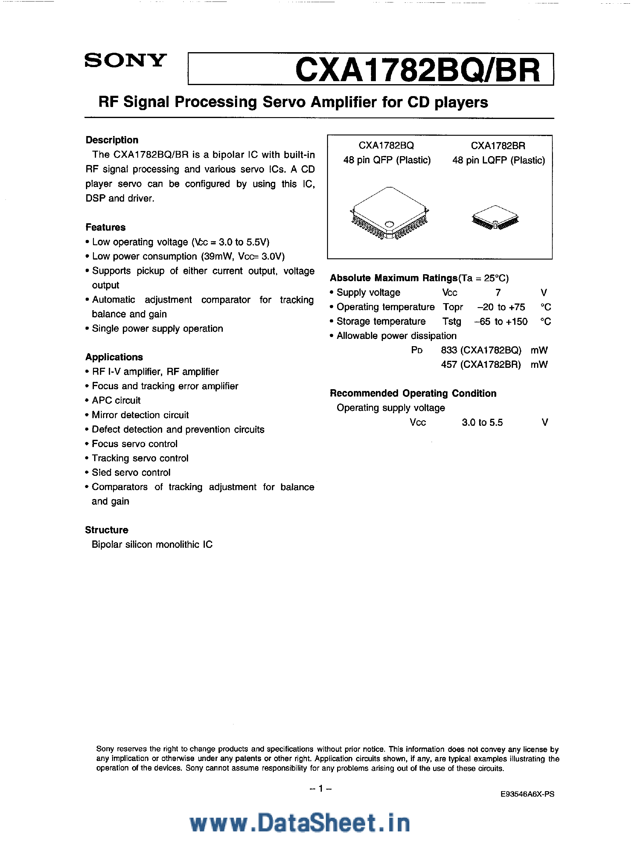 Даташит CXA1782BQ - (CXA1782BR / CXA1782BQ) RF Signal Processing Servo Amplifier for CD Players страница 1