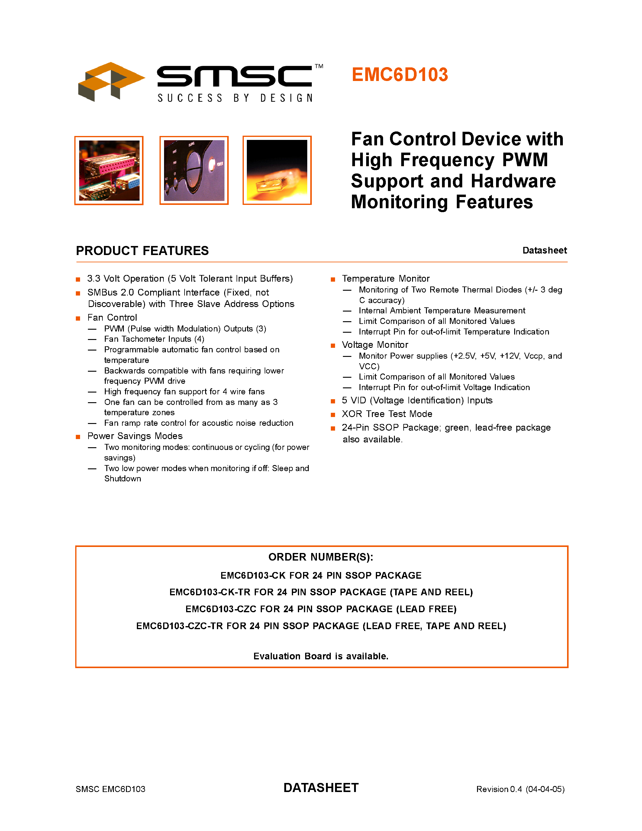 Datasheet EMC6D103 page 1 Datasheet EMC6D103 - FAN CONTROL DEVICE WITH HIGH FREQUENCY PWM page 1