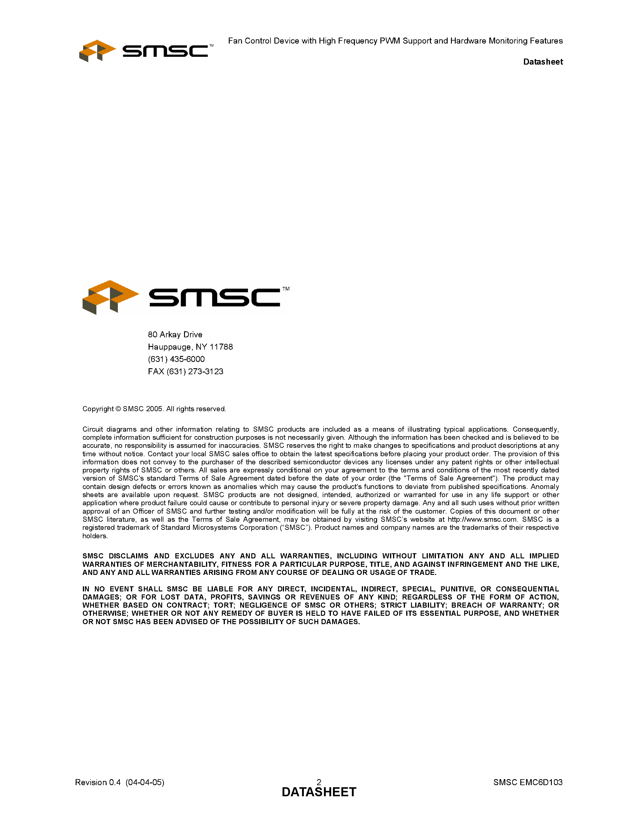 Datasheet EMC6D103 page 2 Datasheet EMC6D103 - FAN CONTROL DEVICE WITH HIGH FREQUENCY PWM page 2