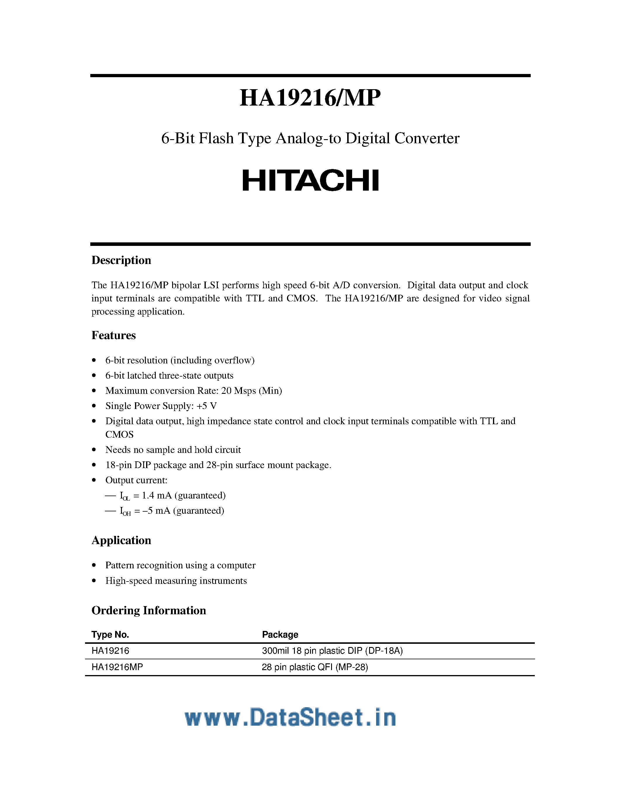 Datasheet HA19216 - 6-Bit Flash Type Analog-to-Digital Converter page 1