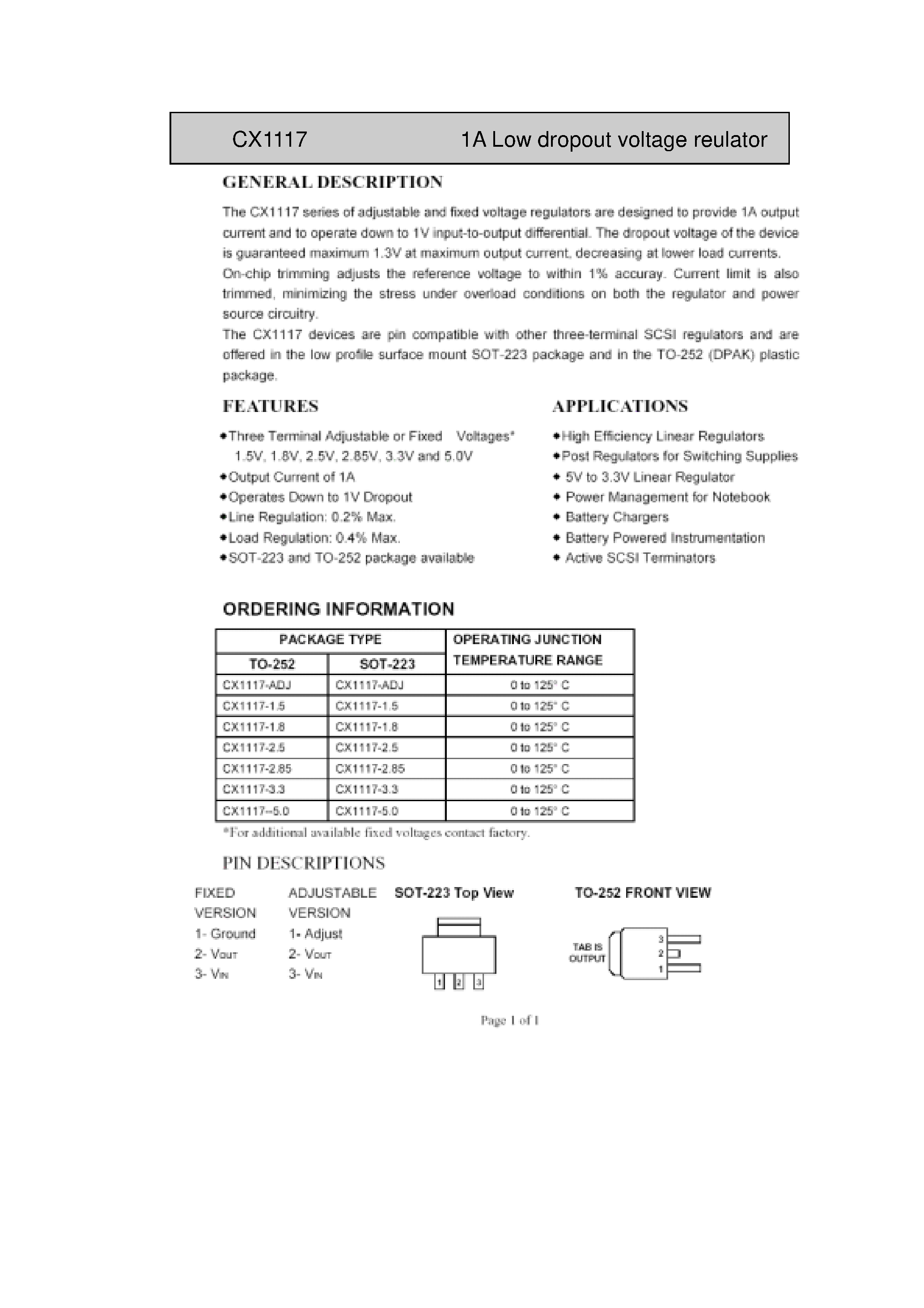 Даташит CX1117 - 1A Low dropout voltage reulator страница 1