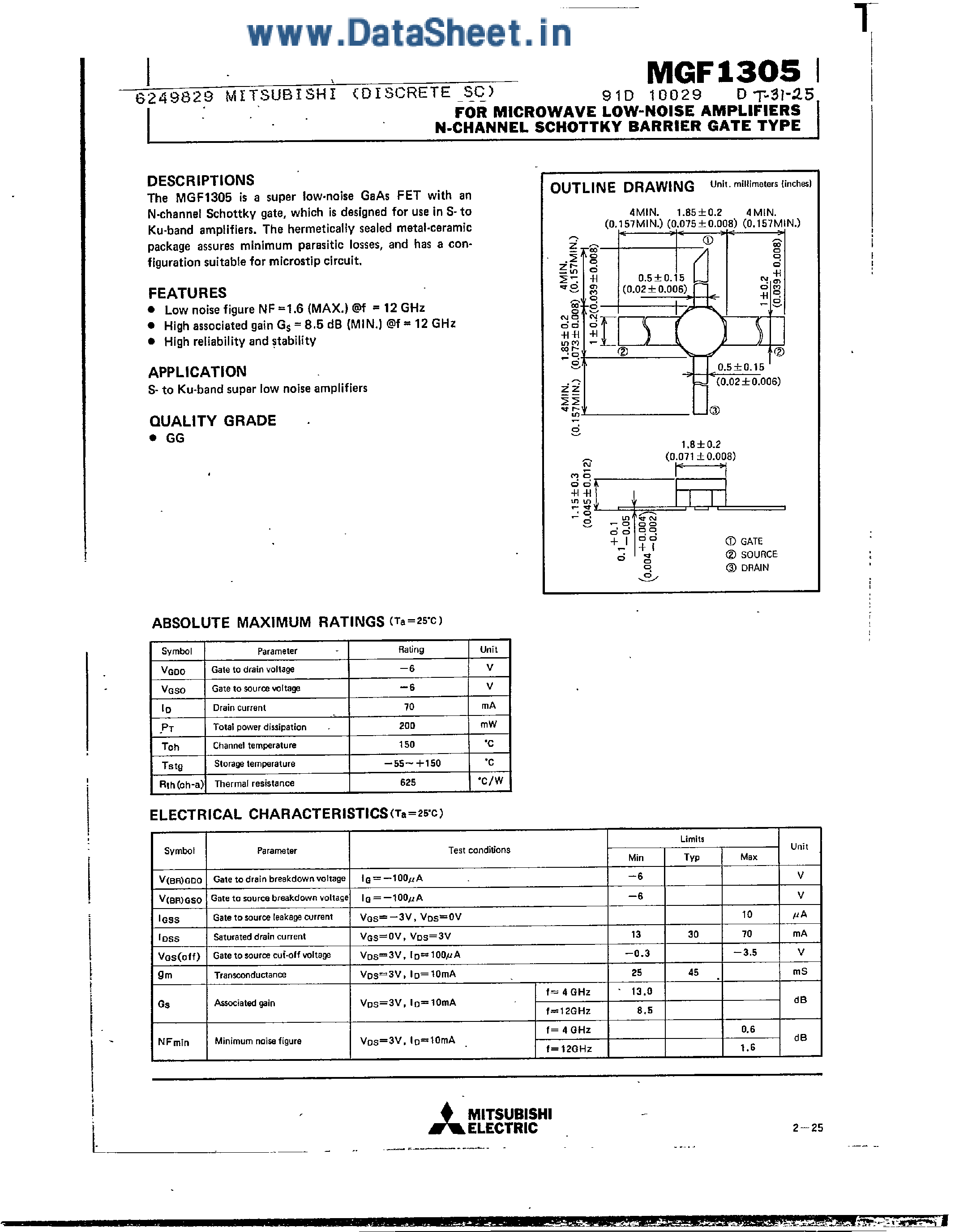 Datasheet MGF1305 - Microwave Low Noise Amplifier N-Channel Schottky Barrier Gate Type page 1